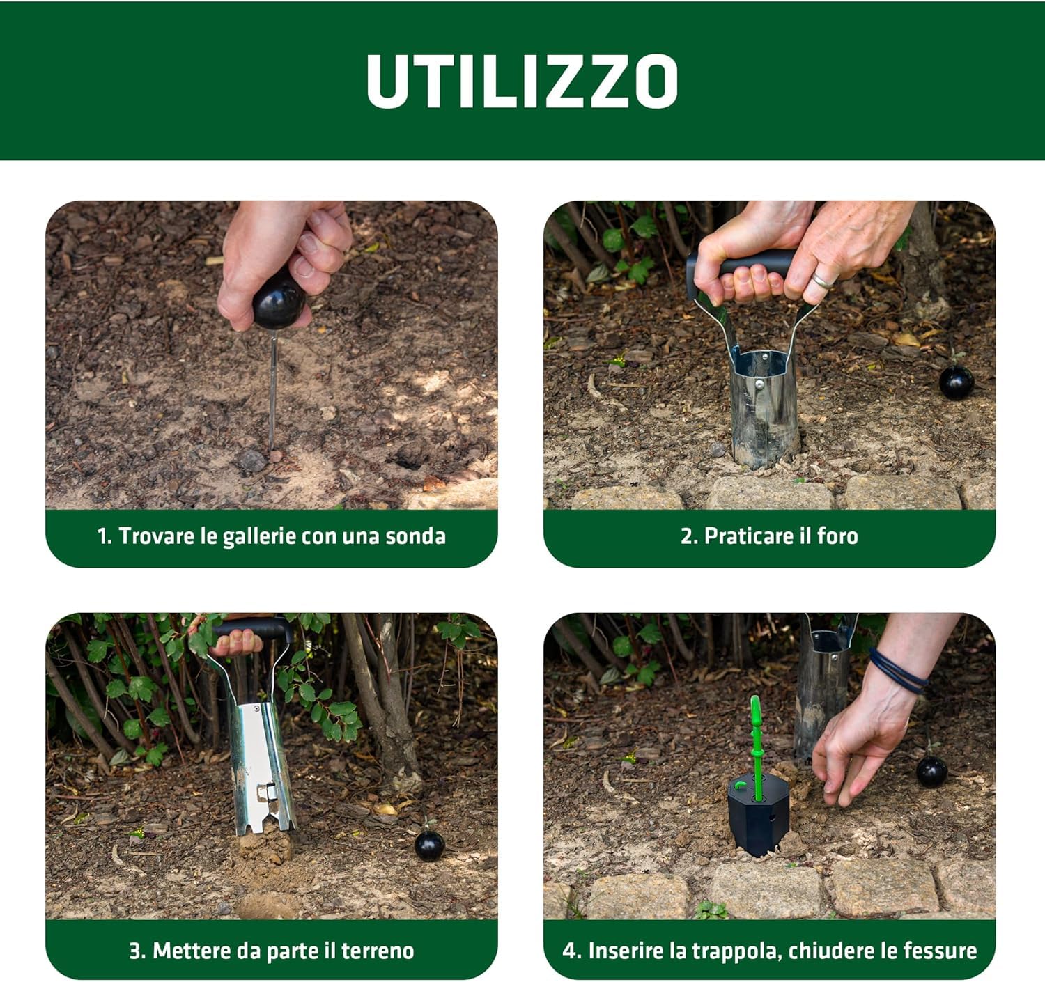 GARDIGO® 4x Trappole per Talpe + Accessori: Foraterra e Sonda | Anti Talpa da Giardino | Trappola per Arvicole Riutilizzabili, Cattura Visibile | Scaccia Talpe