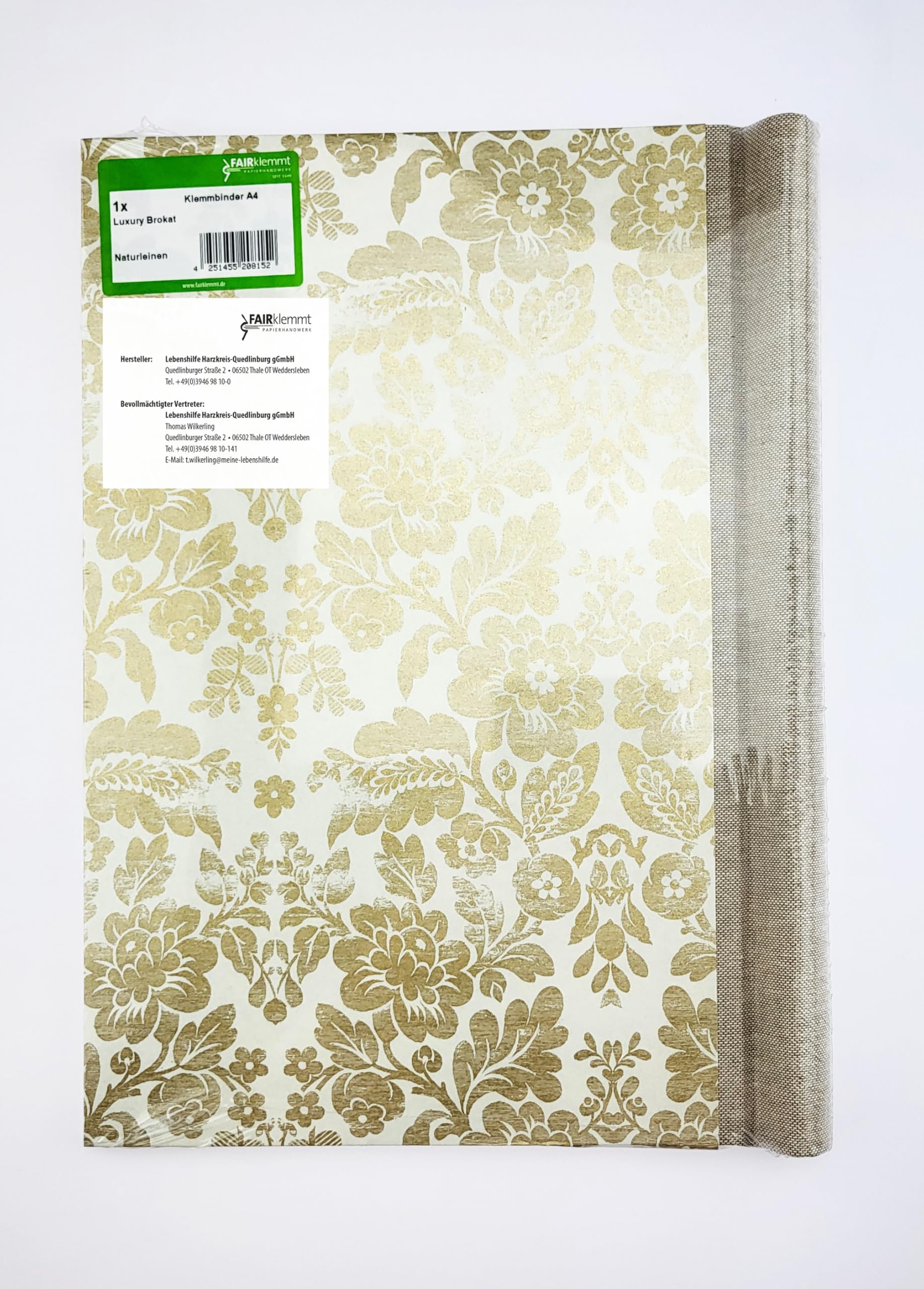 Klemmbinder Luxury Brokat Naturleinen, A4, Gold- und floralem Motiv, 22.5 x 30.8 cm, 3mm starke Buchbinderpappe, italienisches Dekorpapier, Naturleinenrücken