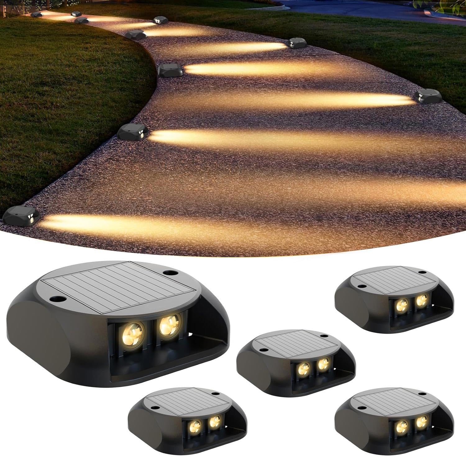 Segnapassi LED Esterno Solare Luce Calda Bianca 3000K, Luce da Scale Impermeabile IP54, Autonomia 12 Ore Lampade Solari per Terra Sentieri Marciapiede Giardino Faretto Segnapasso - 5 Pezzi