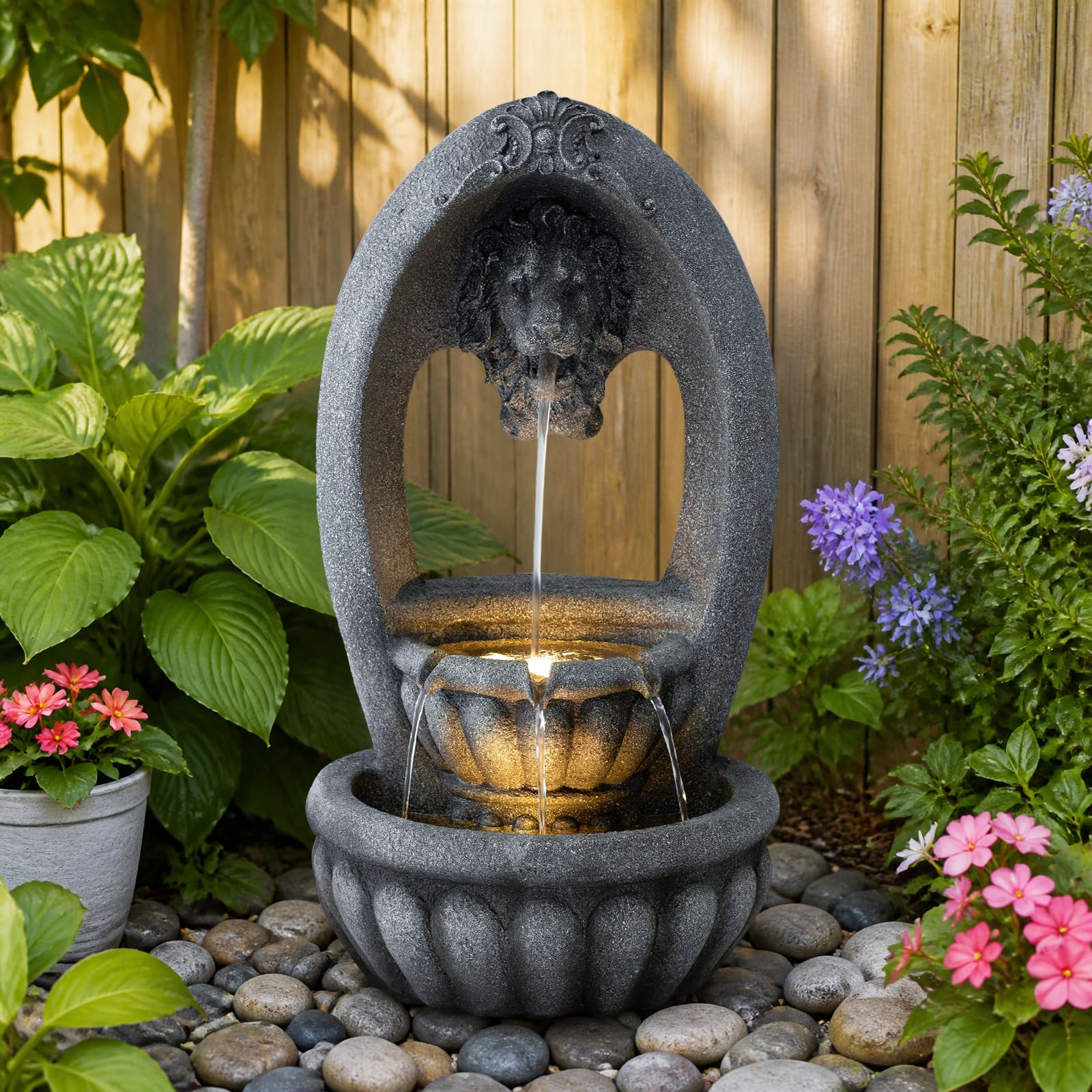 Lion Head 2-Tier Outdoor Water Fountain, Resin &amp; LED, 31.1 in