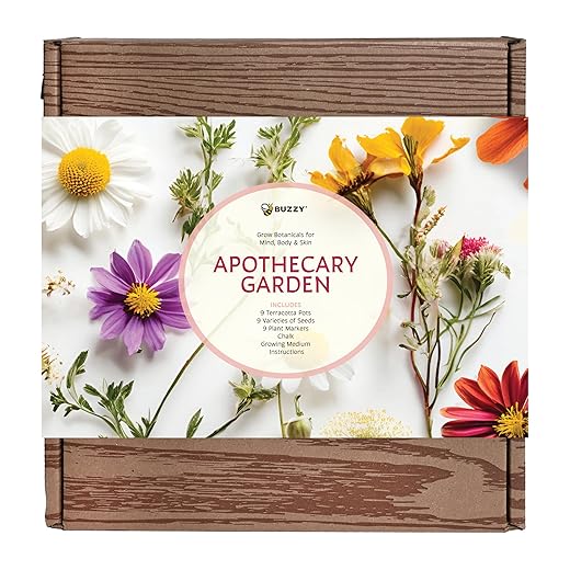 BUZZY Seeds Apothecary Garden Wellness Kit with 9 Varieties of Non-GMO Flower and Herb Seeds, Terracotta Pots, Growing Medium, and Plant Markers, a Self-Care Gift for Holistic Living