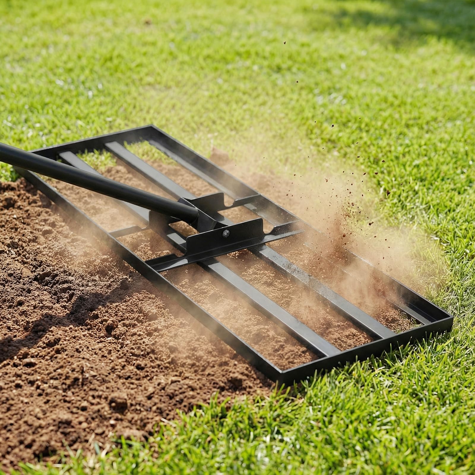 Rastrillo nivelador de césped de 30"/36"/42"/46" x 10", nivelador de césped de acero con recubrimiento en polvo con mango largo de 77", herramienta para nivelar el suelo en jardines, césped, campos