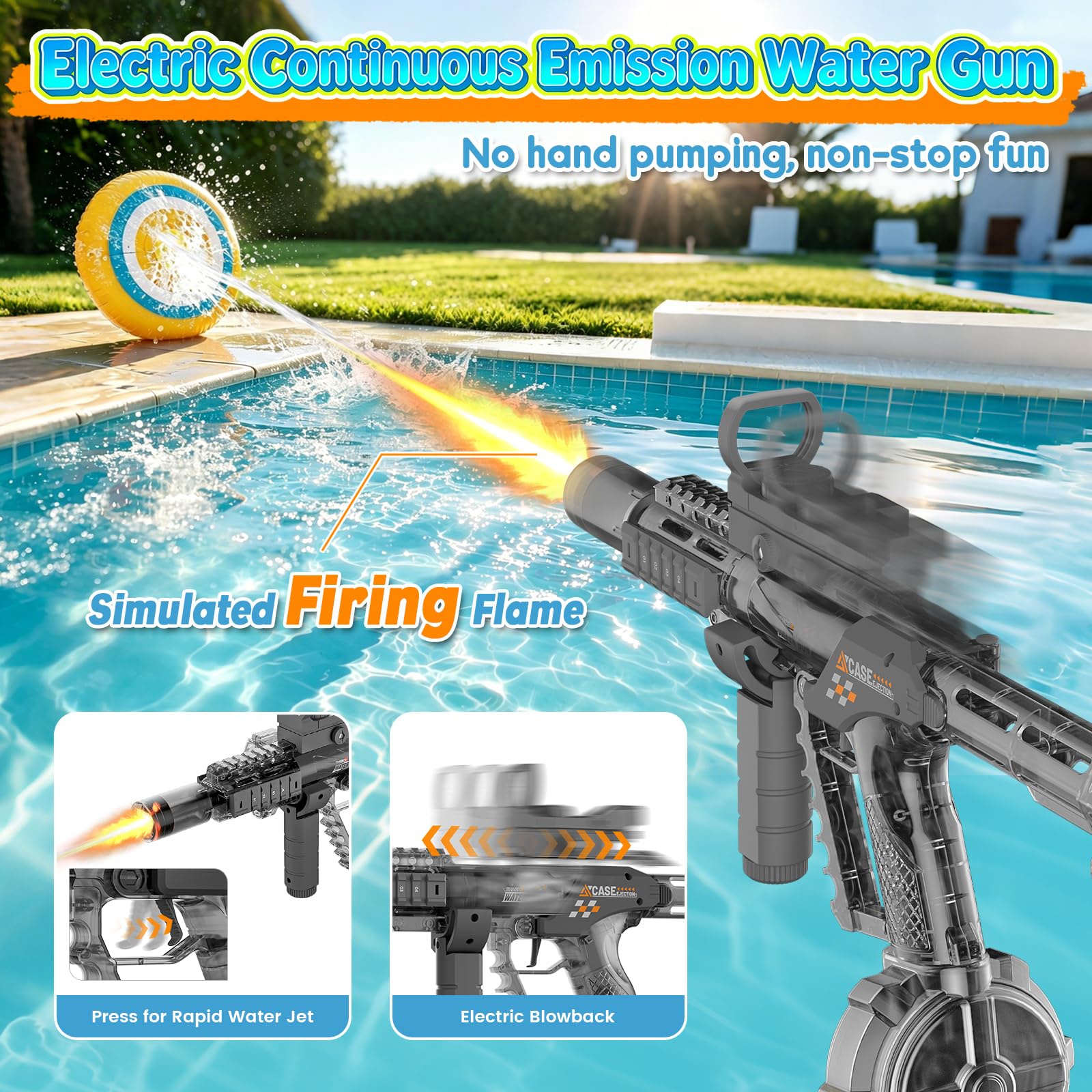 WUQNGI Pistolets et Fusils à Eau, Pistolet a Eau Electrique Puissant, Automatique 2-en-1 Pliable avec Effet de Flamme Lumineux, Grande Capacité, Jouet de Plage et Piscine pour Été Enfants et Adultes