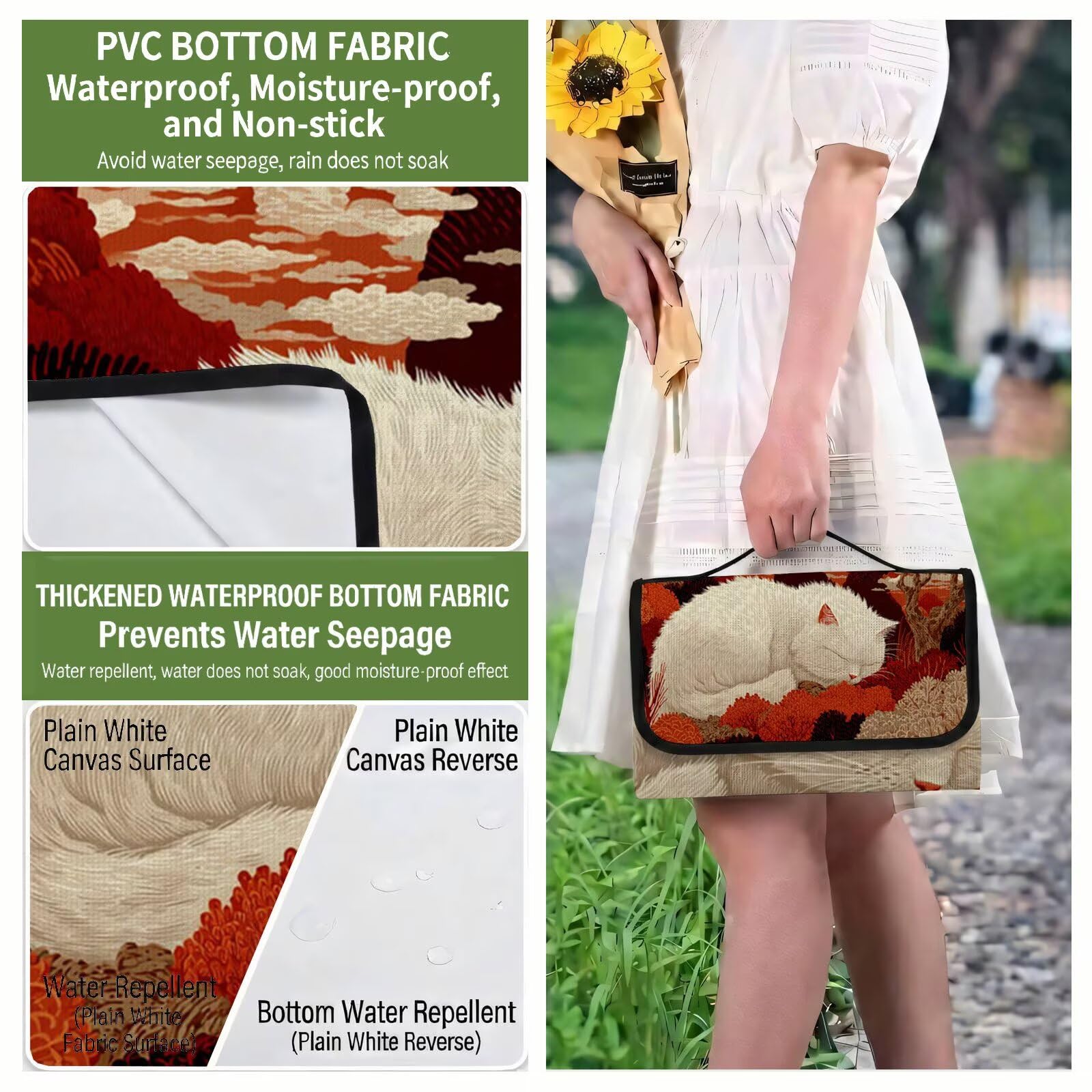 Grande Coperta de Picnic 200x300 cm, Gatto Manta Picnic Impermeable Anti-Sabbia Manta de Playa Pieghevole, Outdoor Picnic Blanket per Spiaggia, Camping, Giardino, Trekking - Autunno FZ-17