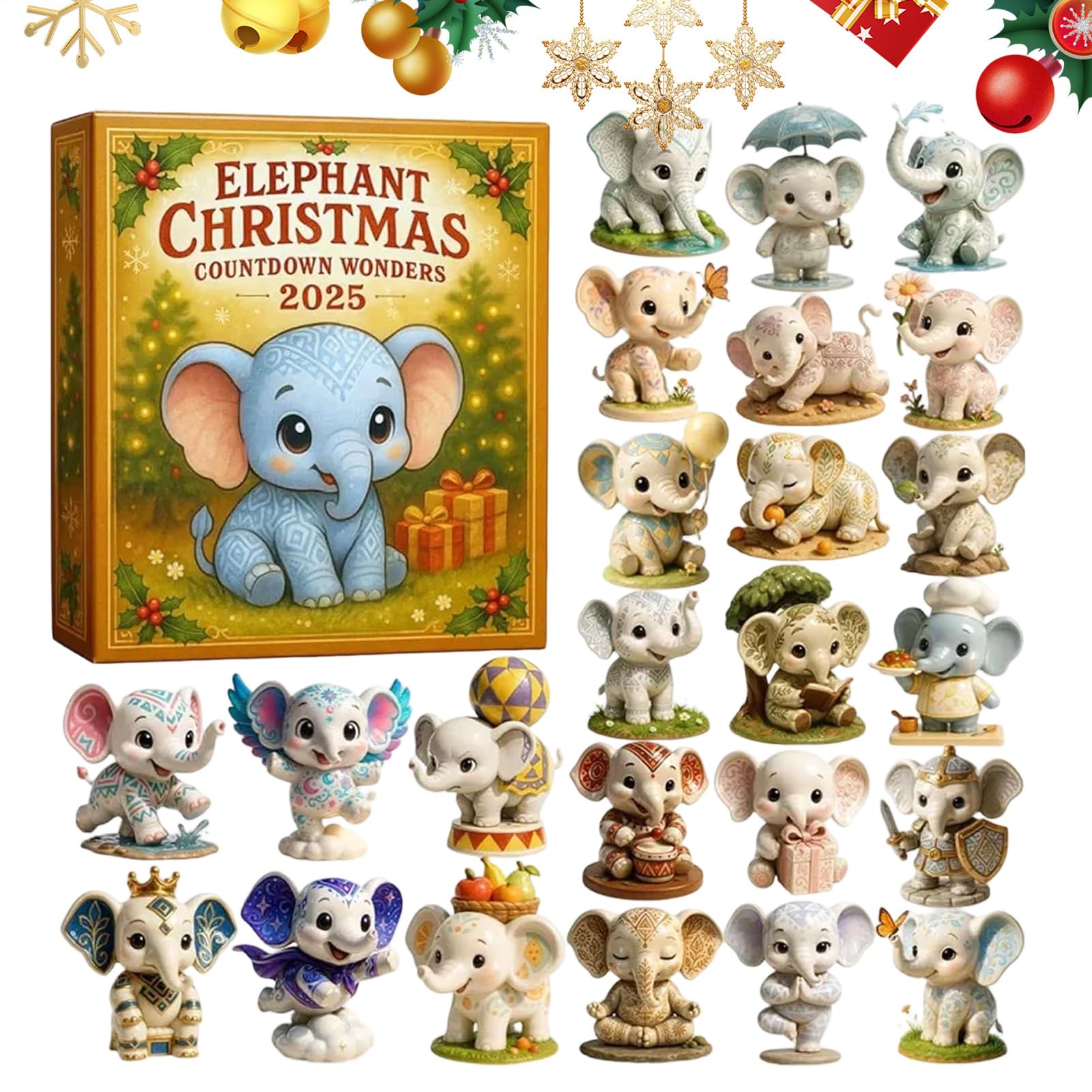 2D Acrylic 24 Days Christmas Countdown Calendar Elephant Advent Ornament Elephant Countdown Calendar 2025, With Cute Elephants S Ornaments For Home Living Room Family Adults Kids Vacation Holiday