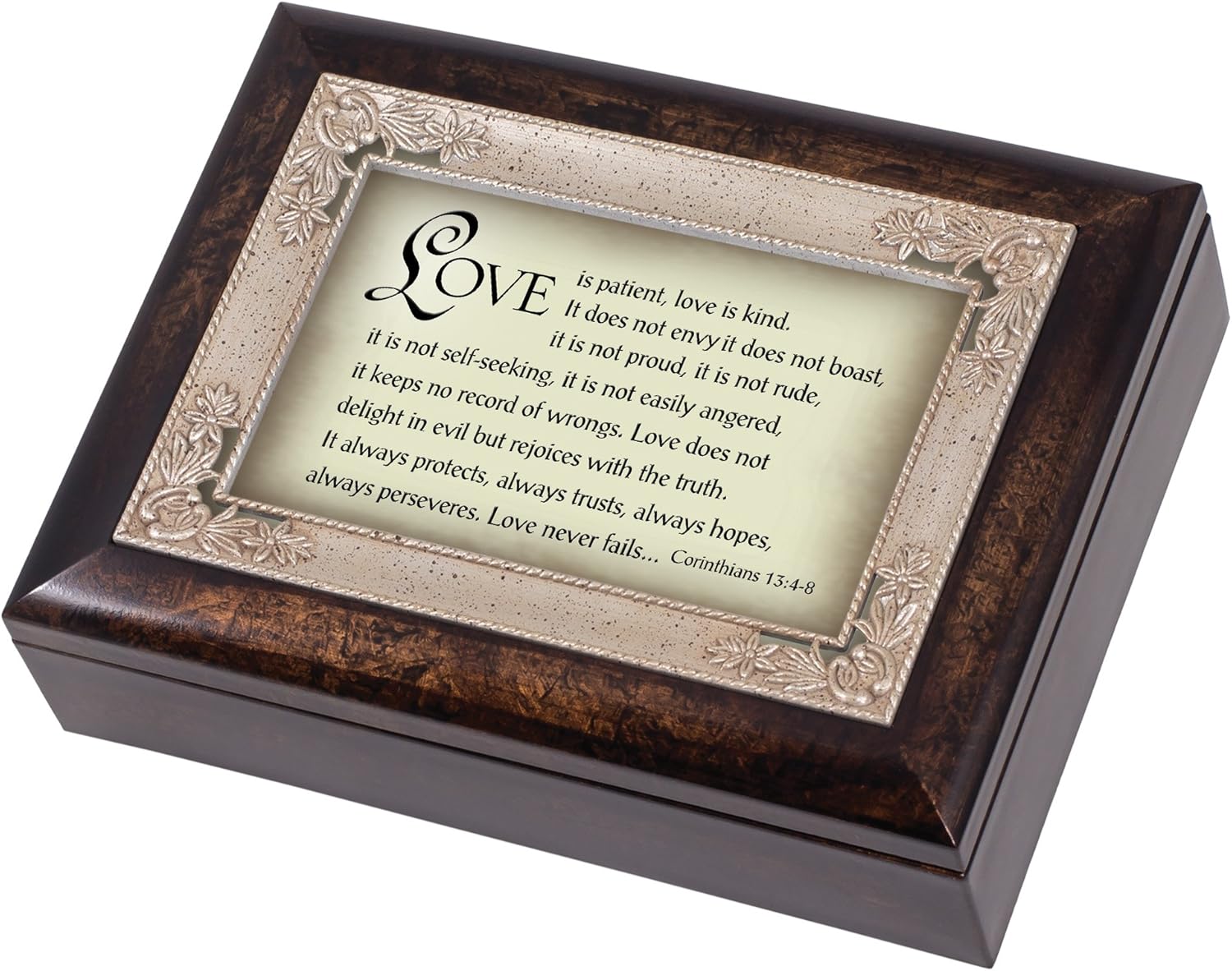 Cottage Garden Love is Patient Kind Perseveres Burlwood Jewelry Music Box Plays Amazing Grace