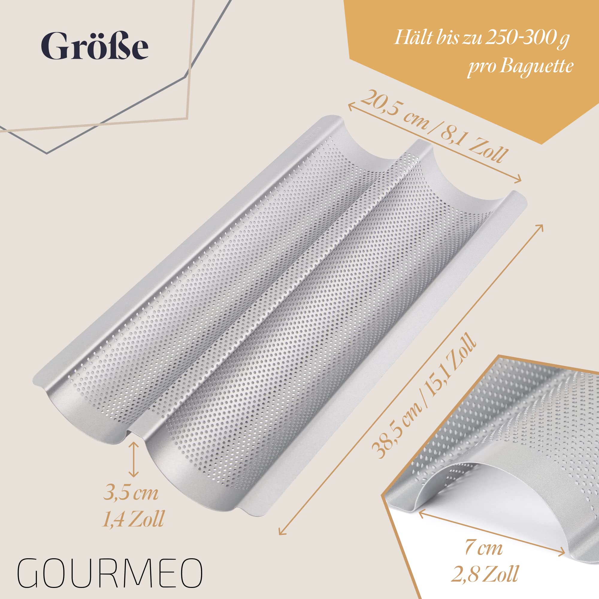 Antihaft-Backform für Baguette-Backofen, silberfarben, 38,5 x 20,5 x 3,5 cm – perforiertes Brotblech zum Kochen von 2 Baguettes – einfach zu bedienen und zu reinigen – Farbe Silber