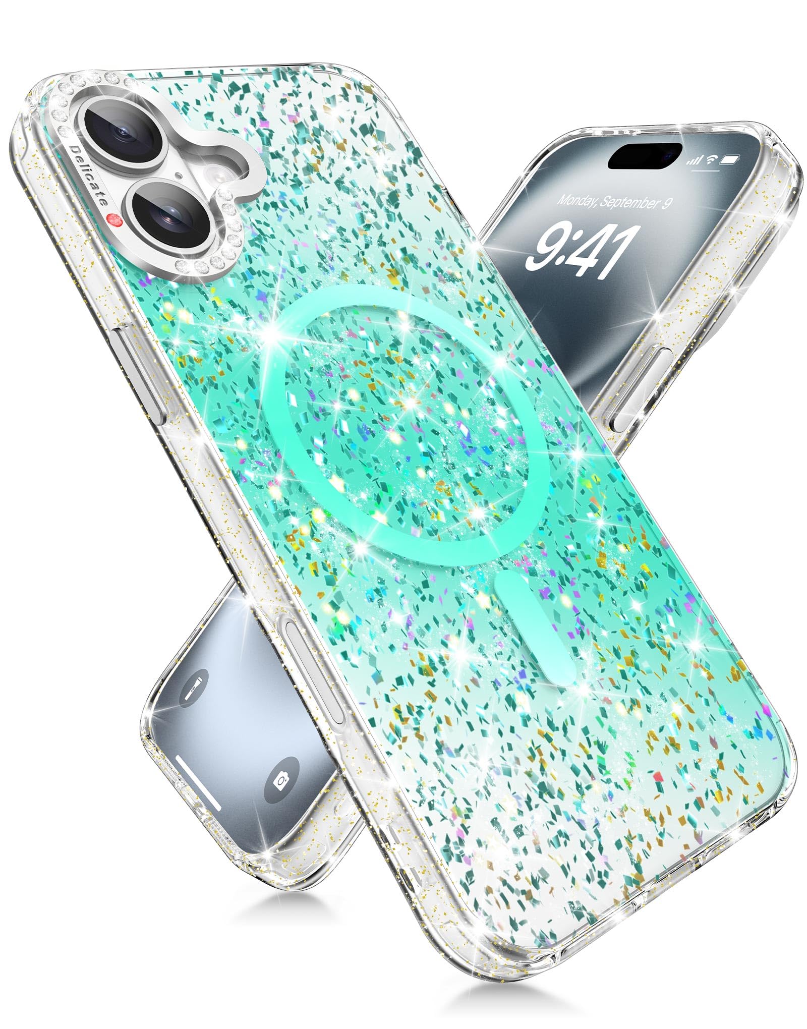 iMangoo Design for iPhone 16 Plus Case Glitter Compatible with MagSafe Magnetic Sparkly Pretty Cute Clear Bling Diamond Women Girly Lightweight
