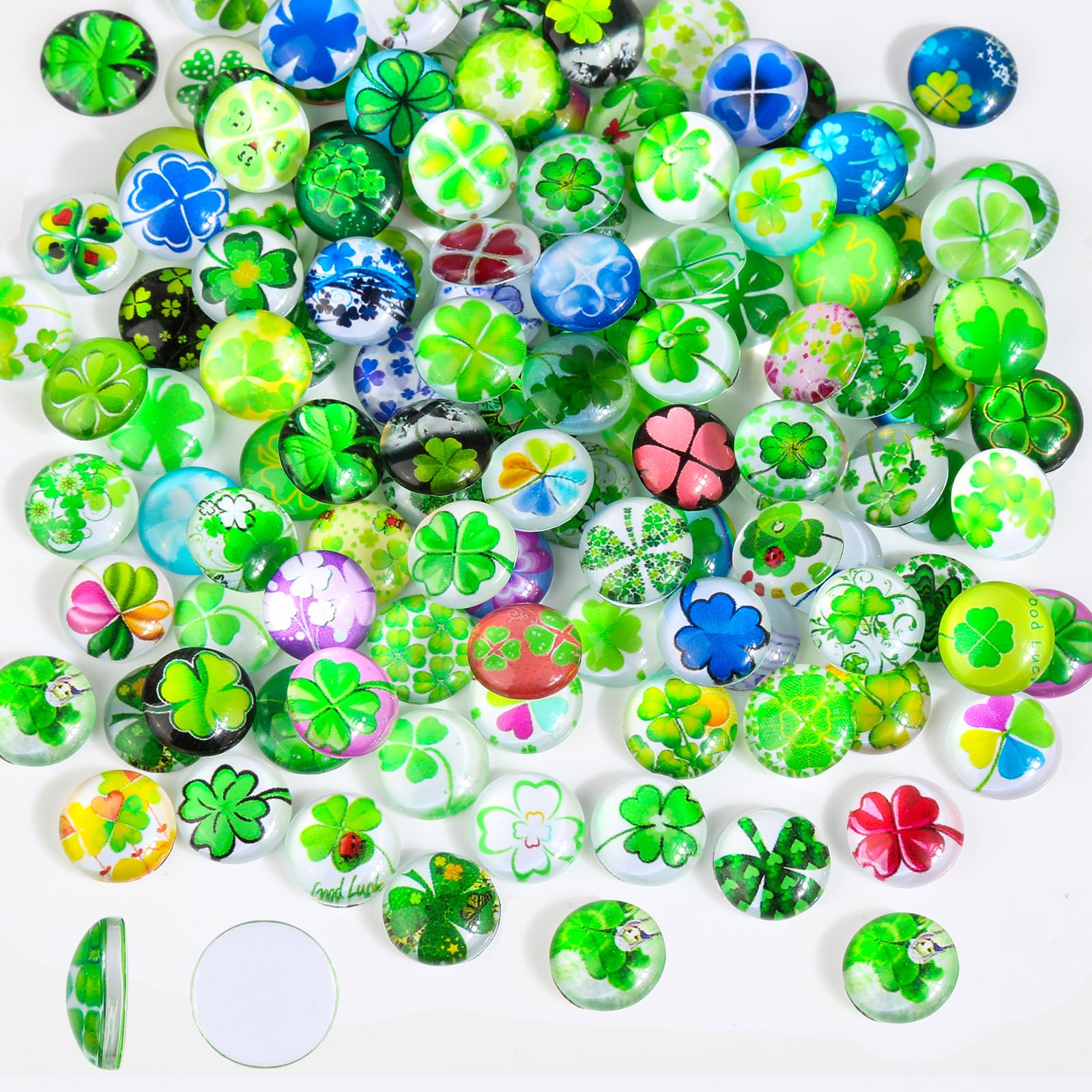 Pack of 120 Four-Leaf Clover Flatback Glass Cabochons, 12 mm Clover Lucky Charm Glass Stones
