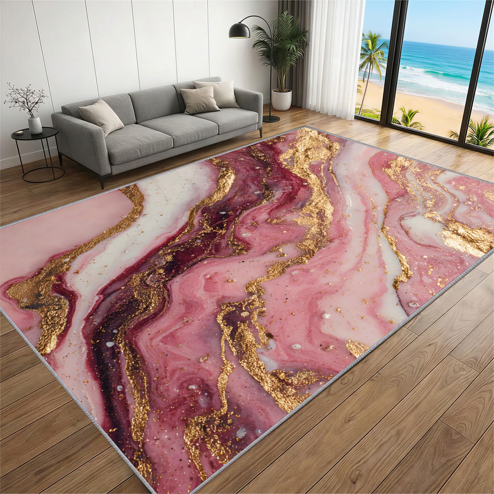 BEQUTIY Fashion Marble Area Rugs 210 x 300 cm,Abstract Living Room Rugs, Pink Gold Marble Carpet, Non-Slip Washable rug for Girls Room, Lounge, Study