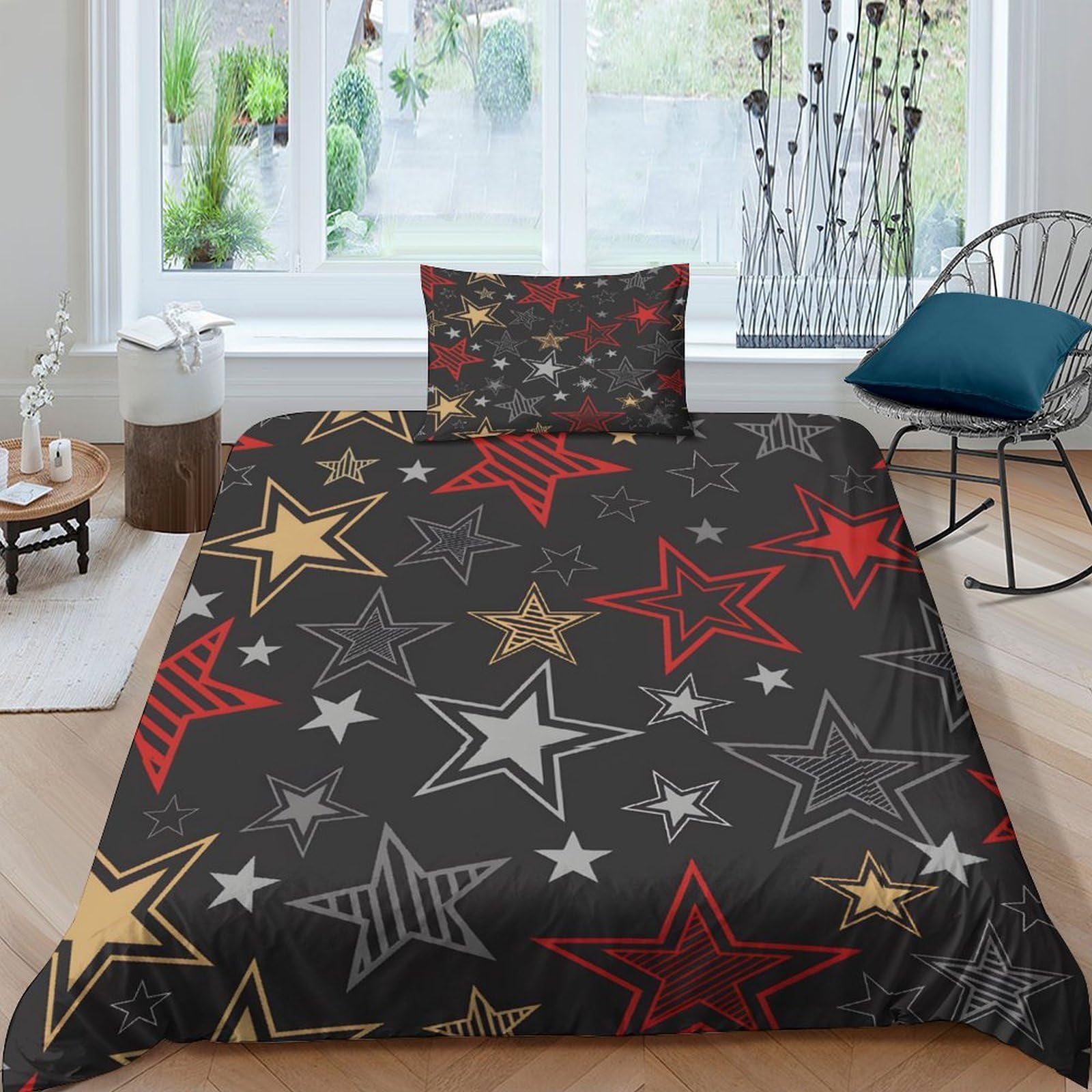 GDEKCIEAS Black And Red Stars Teens Bedding Set,2Pcs Ultra Soft Duvet Cover,Soft Microfiber Quilt Cover for Boys,Girls,Kids,Adults, Home Decor,Breathable,Zipper,Easy Care Single（135x200cm）