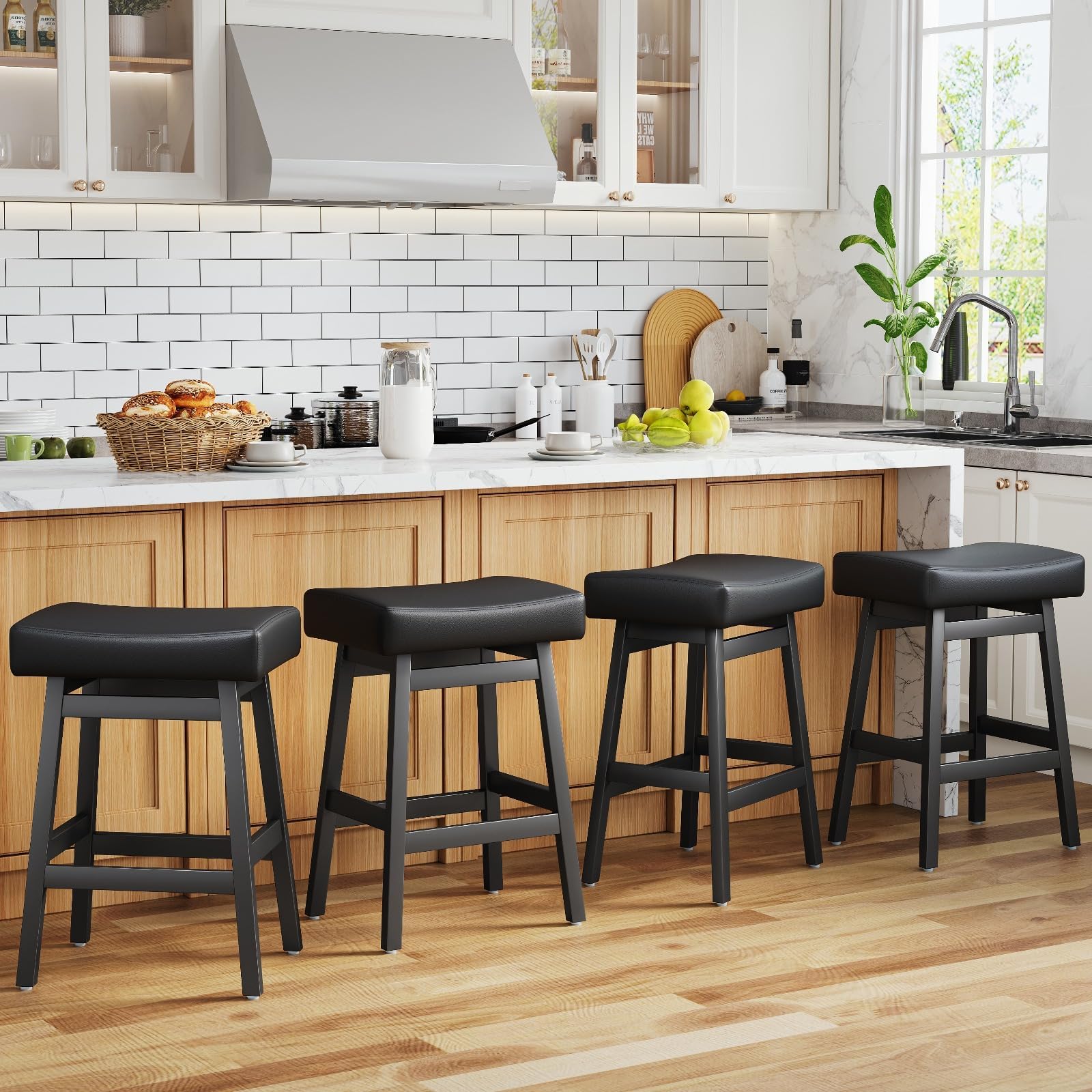 26 Inch Counter Height Bar Stools Set of 4, Backless Saddle Stools with Bonded Leather Seats, Stylish Barstools for Kitchen Island, Dining, Home Bar (