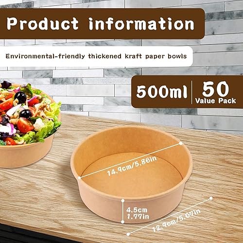 Miniatura 2 de Paquete de 50 cuencos de papel kraft de 17 onzas con tapas, cuencos desechables para sopa caliente, cuencos de papel con tapas, contenedor de