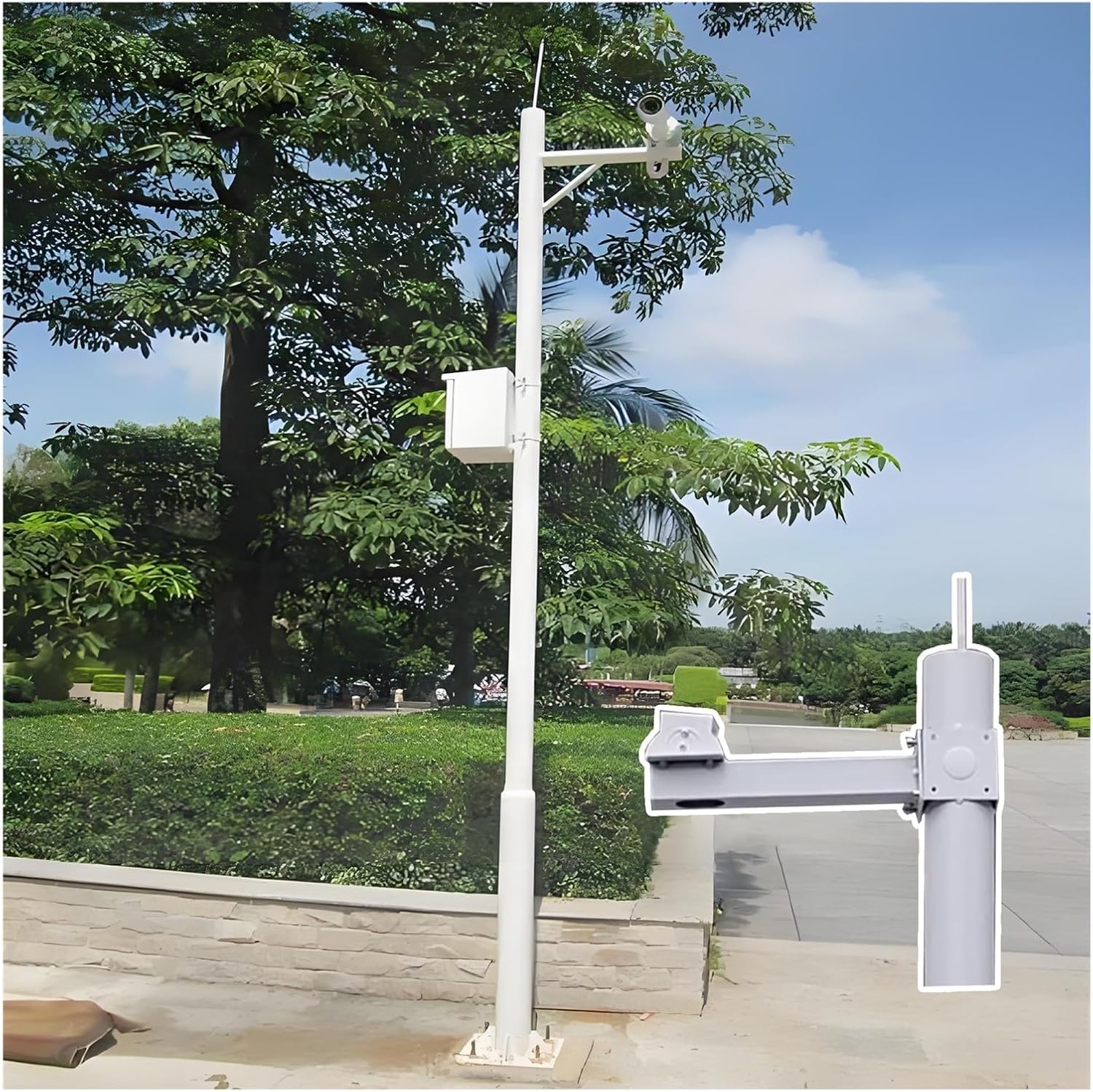 White Metal Surveillance Camera Stand Kit - Adjustable 2-6M Height for Outdoor Use - Security Camera Holder for Home, Farm, Warehouse, Mall - Durable & Stable Design