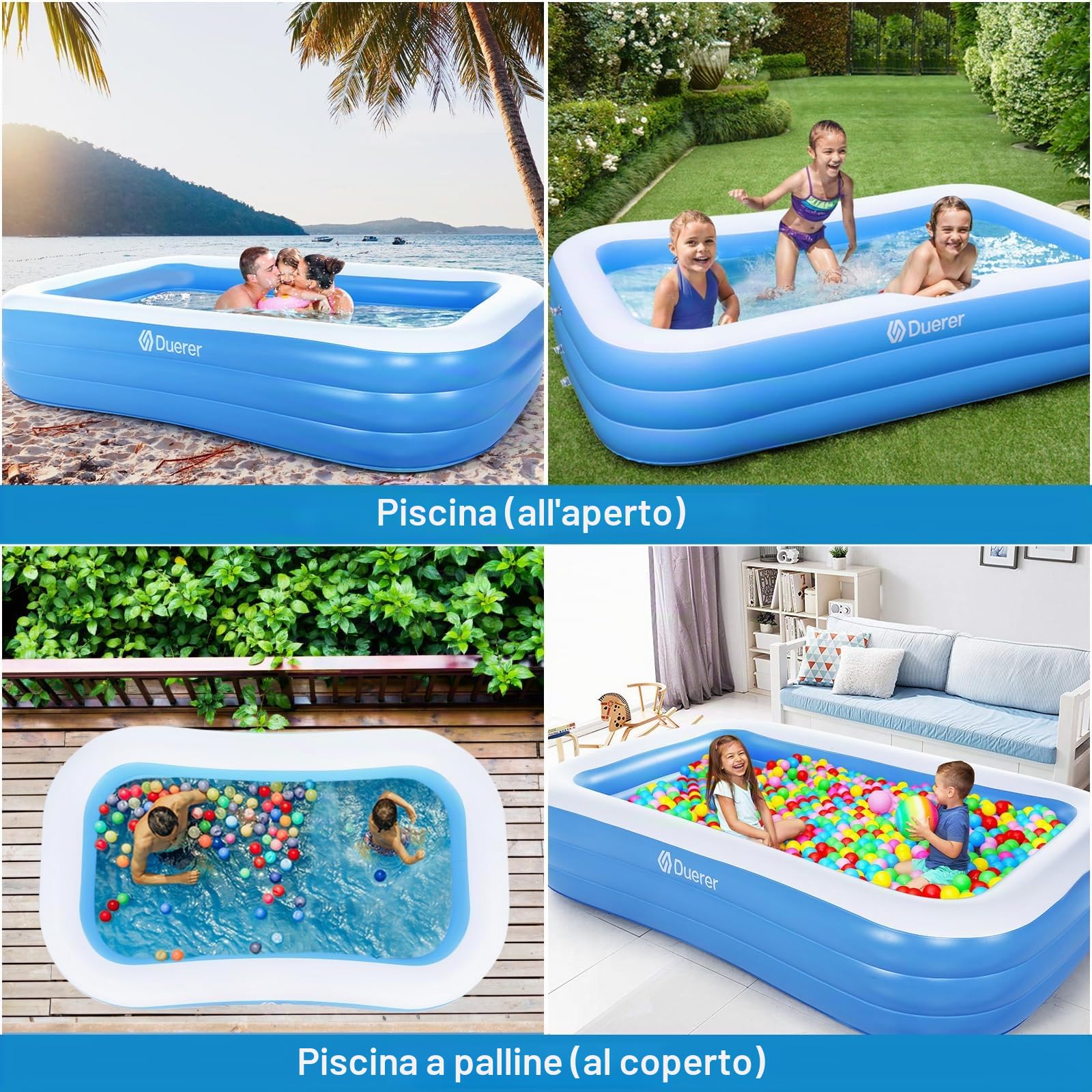 Duerer Piscina Gonfiabile Bambini con Adulti Rettangolare 305cm x 182cm x 56cm, Piscine fuori terra, Piscina per Famiglie per Cortile, Festa Estiva in Acqua, all'aperto Giardino swimming pool
