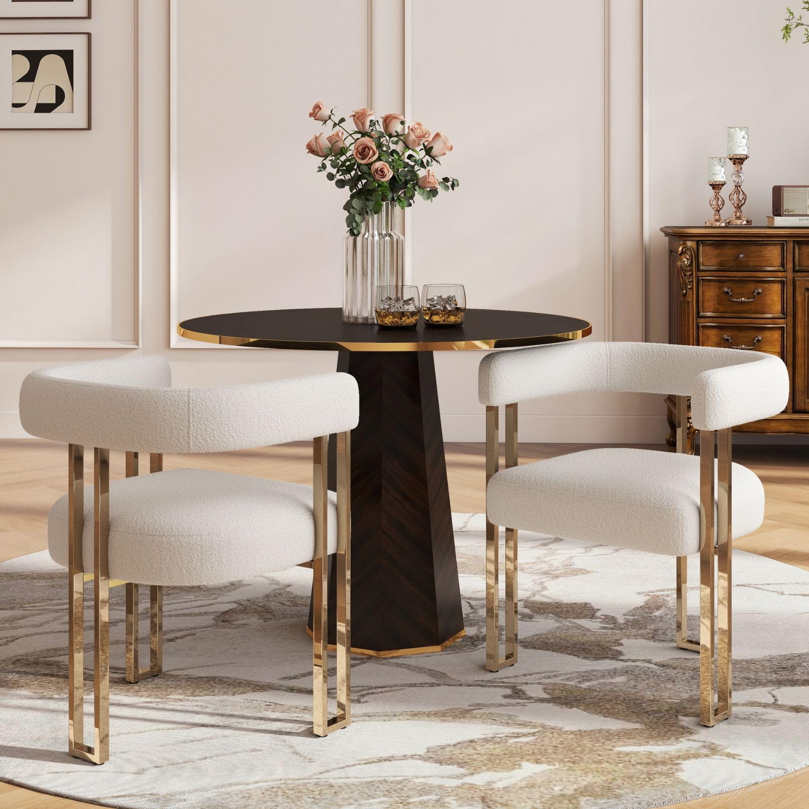 Set of 2 Modern White Boucle Dining Chairs with Gold Metal Legs, Mid Century Accent Upholstered Barrel Armchairs with Open-Back for Kitchen, Dining Room, Living Room, Apartment