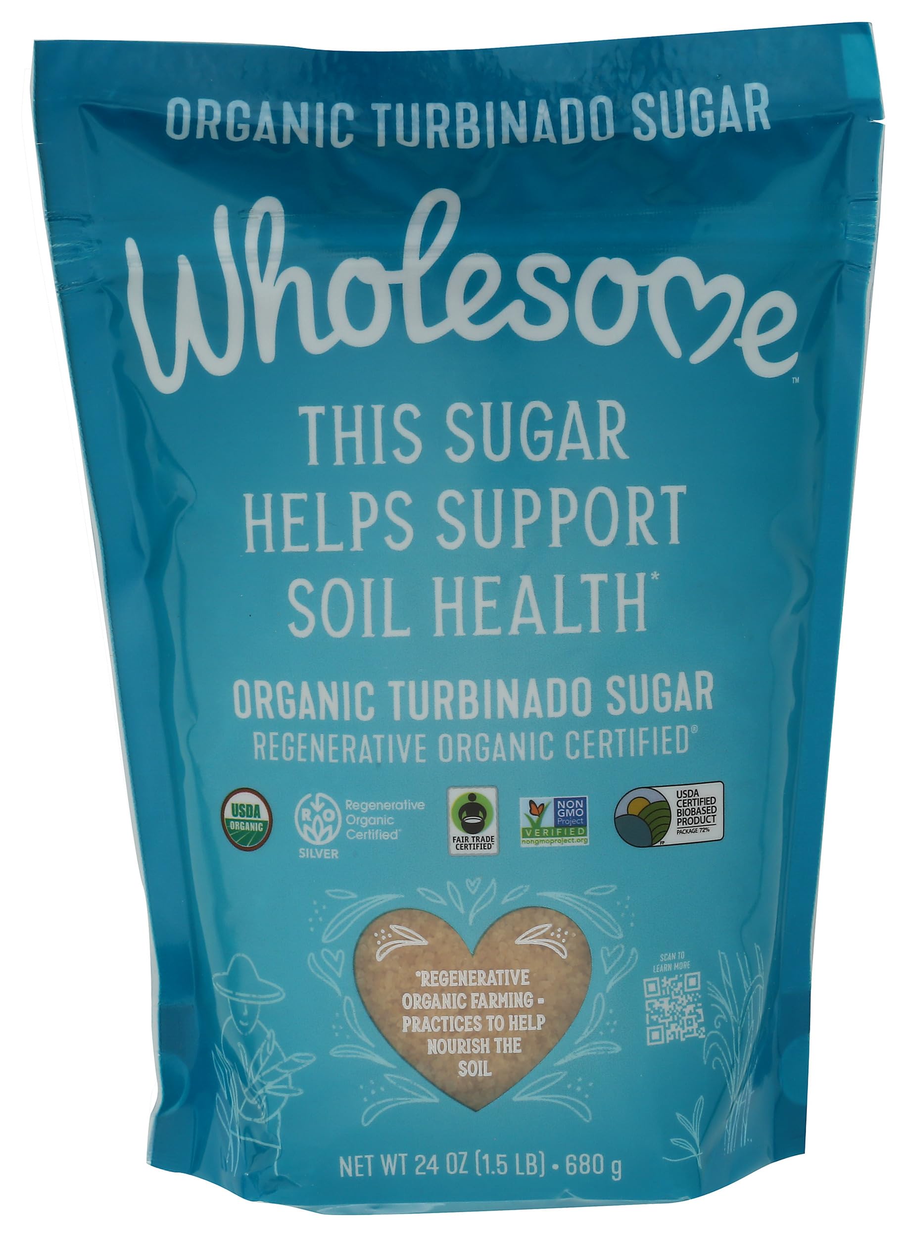 Wholesome Sweeteners 24-Ounce Turbinado Sugar, Fair Trade, Non GMO, Gluten Free & Vegan, 1 Pack