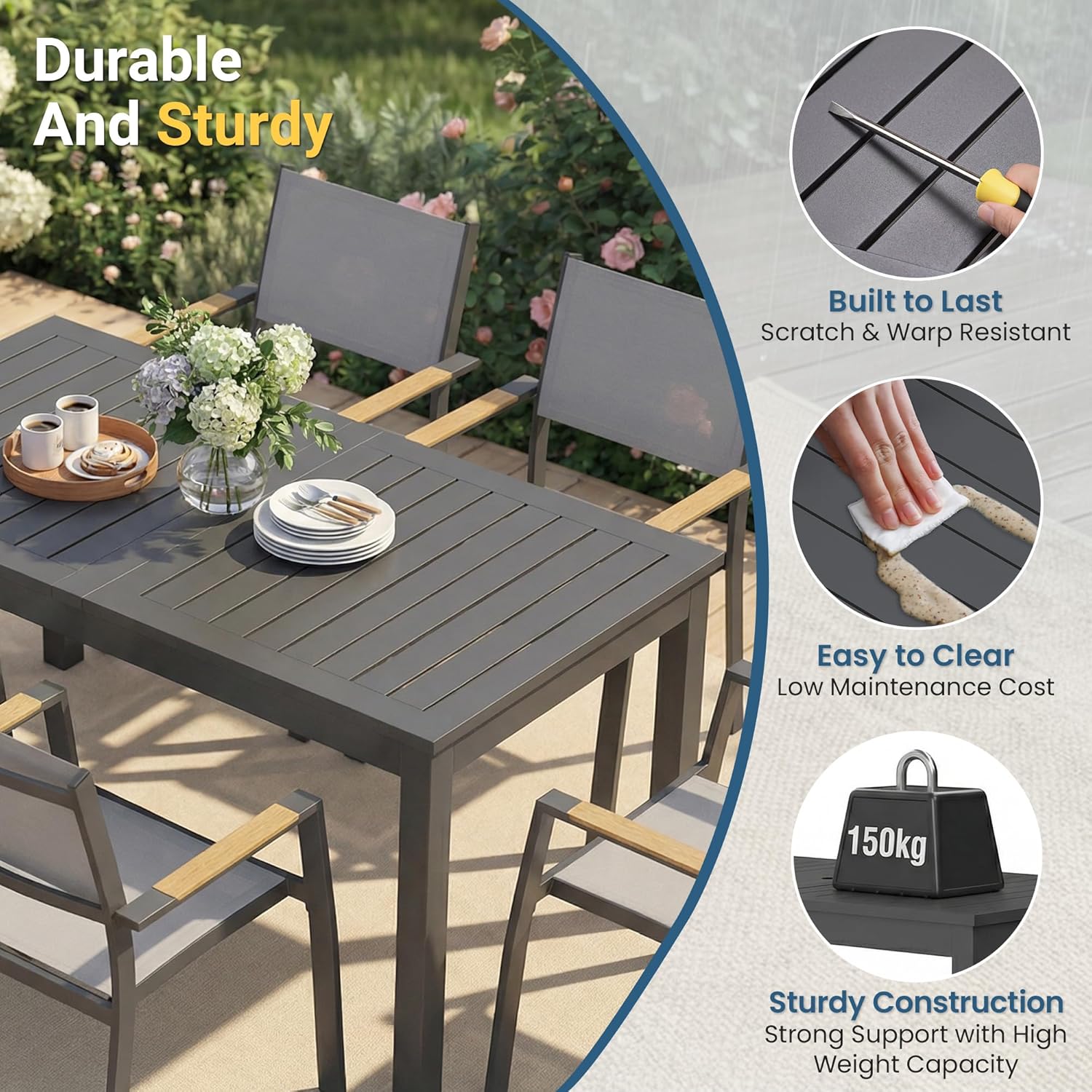 Outdoor Dining Set, Patio Furniture Set with 92" Extendable Dining Table, Outdoor Furniture Set for 4–8 People, All-Weather Aluminum Patio Table and Chairs set for Backyard, Porch, Garden, Grey