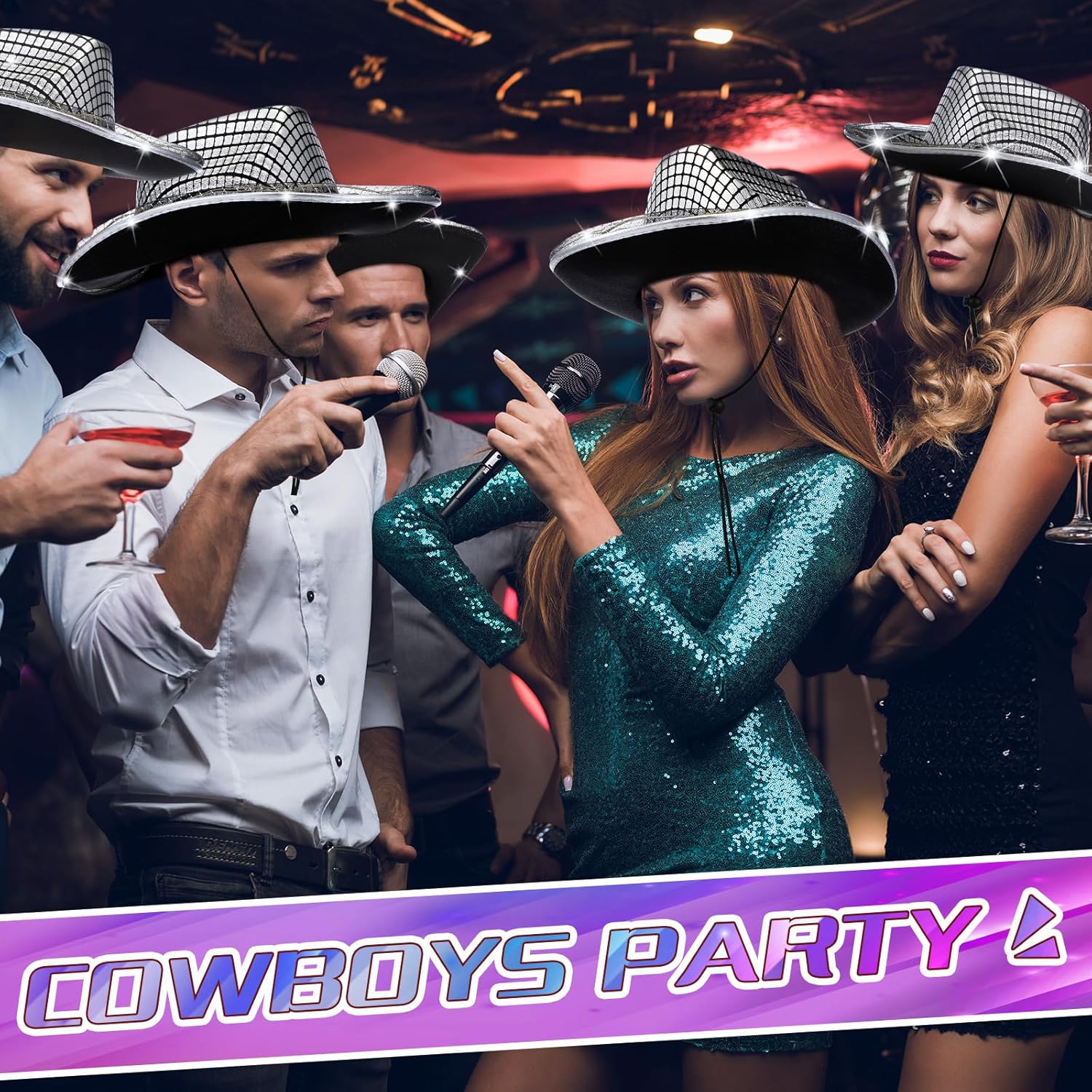 Kigeli 10 Pcs Lights LED Cowboy Cowgirl Hat LED Flashing Hat Cowgirl Hat for Western Cowboy Role Play(Silver,Sequin) - Image 5