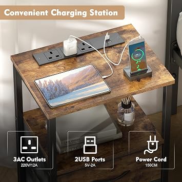 Yornoli Bedside Table with Charging Station 40cm Wide Bed Side Table for Bedroom with 2 Fabric Drawers Small End Tables with Led Lights for Living Room Small Spaces Rustic Brown, ET08-RBA