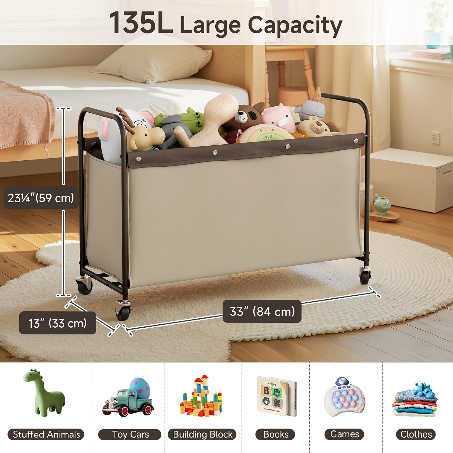 StorageWorks Toy Box with Wheels for Kids, 135L Large Toy Storage Chest and Organizer, 23" Metal Toybox with 360° Swivel Wheels for Bedroom, Kids Room, Stuffed Animal Storage, Light Khaki