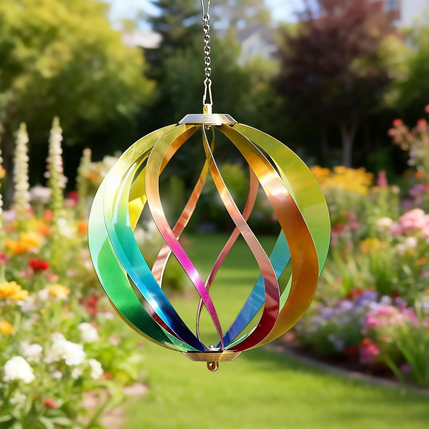 Hanging Wind Spinners Outdoor - Tool-Free Assembly Garden Wind Spinners, Spring Metal Yard Decor with Dual Hooks for DIY Accessories, Weatherproof Rust-Resistant 3D Ball(Rainbow, 8 Inch)