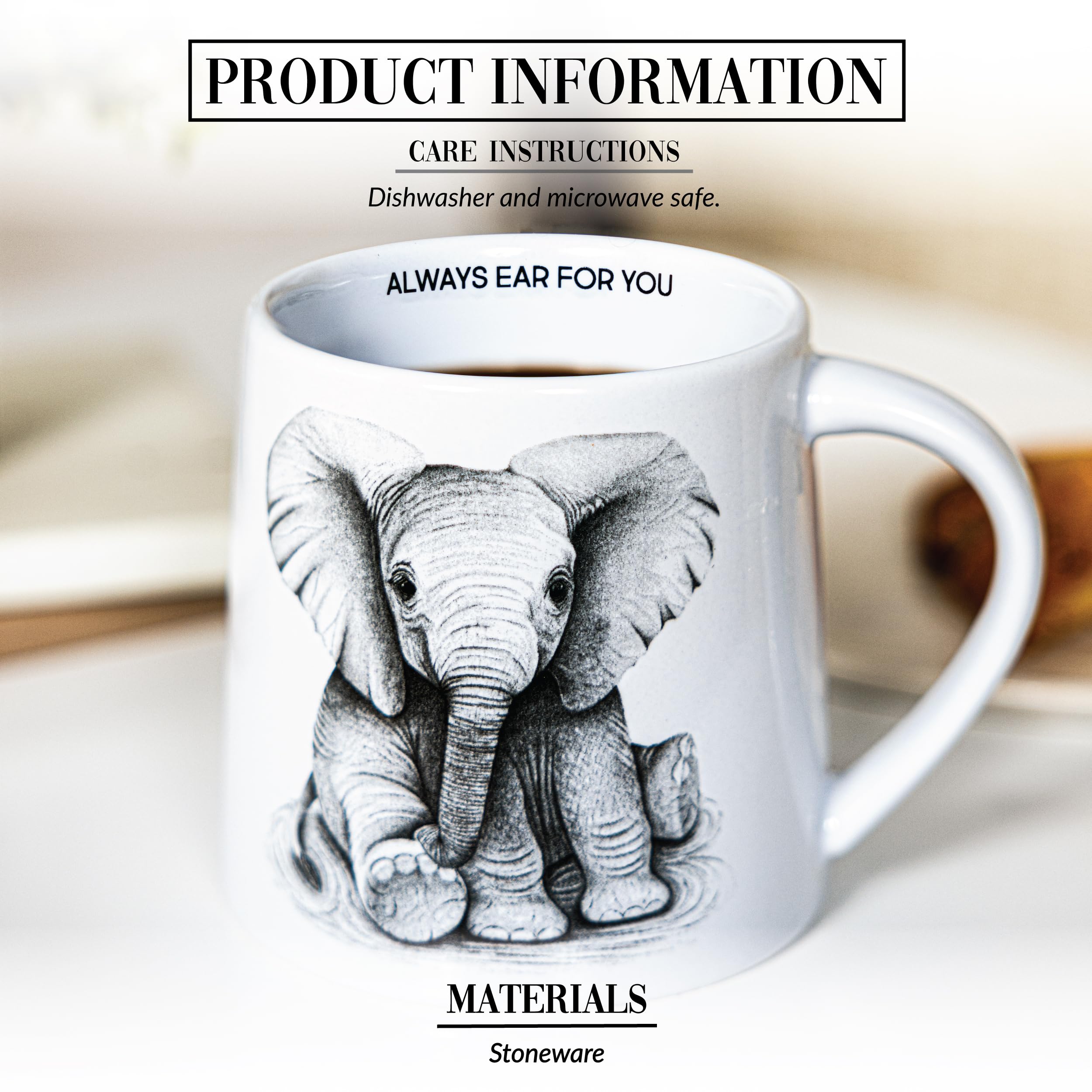 Pavilion Gift Company - Ear for You - Elefante - Taza de café de 481.9 g, taza de té, zoológico de vida salvaje