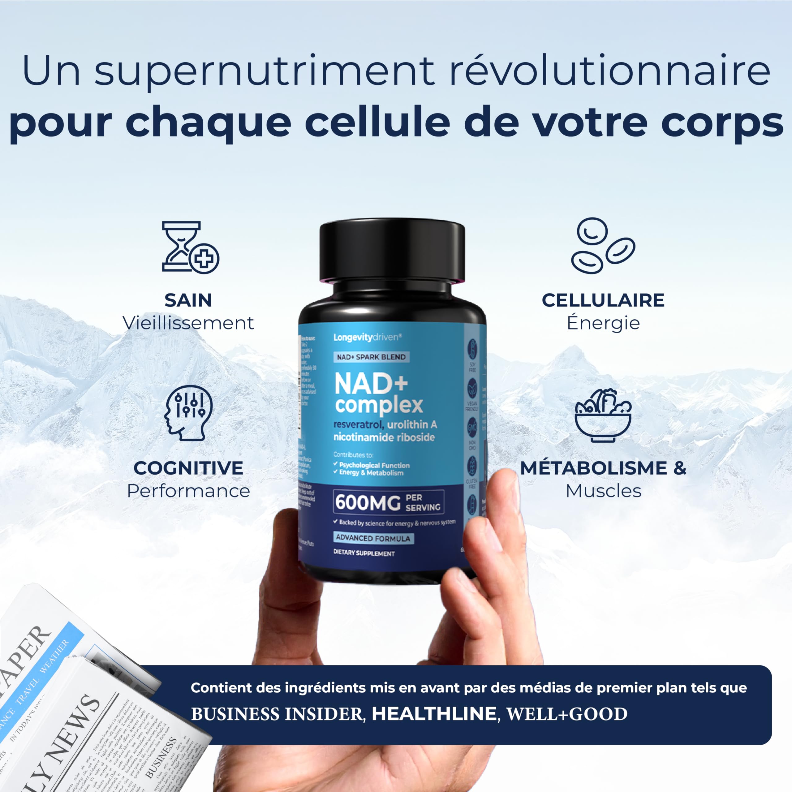 NAD+ 600 mg, Anti-âge, Réduit la Fatigue et Améliore le Métabolisme, Resvératrol, Urolithine A, Niacine, 60 Capsules, 1 Mois D'approvisionnement
