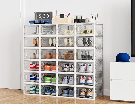 Shoe Storage Box, 12 pcs Stackable Shoe Boxes Clear Plastic, Fit UK 9.5