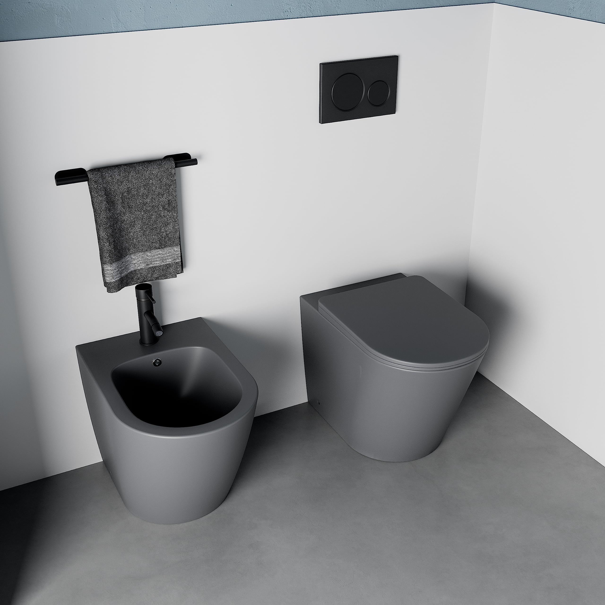 Sanitari in ceramica filomuro grigio opaco vaso rimless bidet sedile soft-close chiusura rallentata mod. Vienna