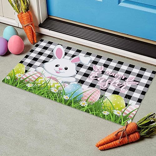 Tapete de Pascua con diseño de conejo, huevos de Pascua, tapete de entrada de goma, antideslizante, lavable, tapete decorativo para interiores y
