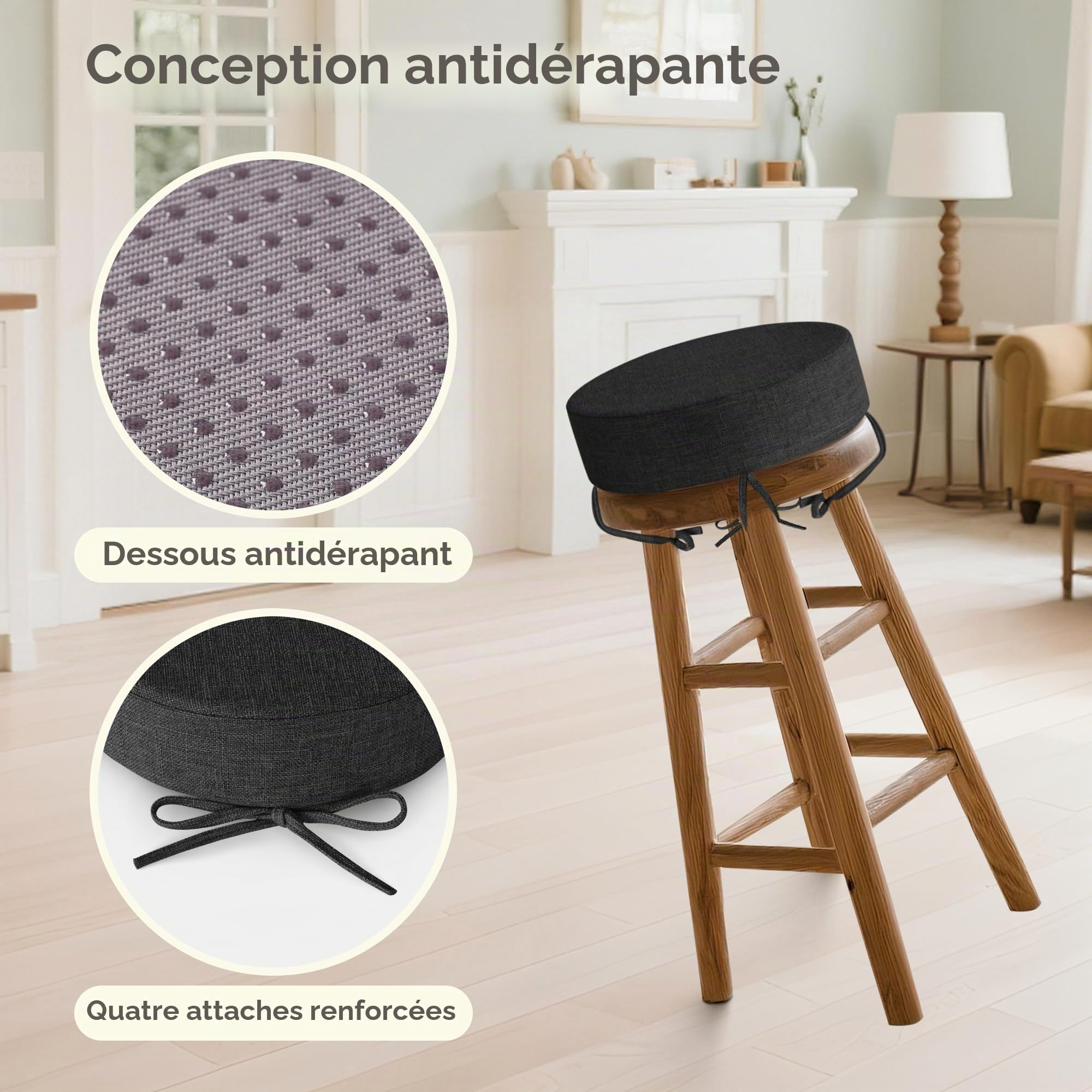 Lot de 4 coussins de tabouret de bar ronds de 7,6 cm d'épaisseur pour chaises, de bistrot antidérapants avec housse lavable en machine (30,5 cm, noir)