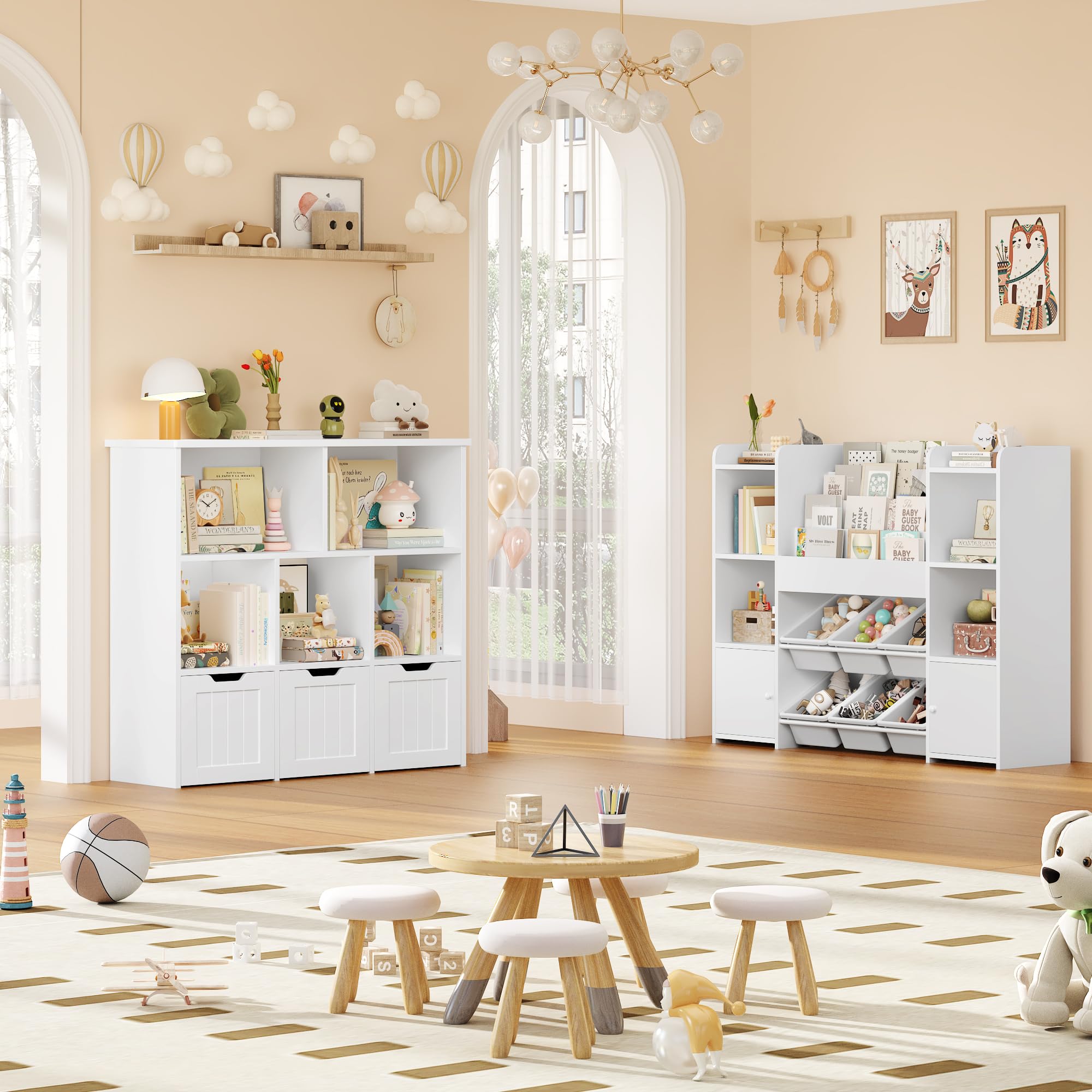 FOREHILL Meuble de Rangement Enfant Rangement Jouet Enfant avec 6 Étagères 3 Tiroirs Roulants Bibliothèque pour Chambre d’Enfant 100x33x89.5cm Blanc