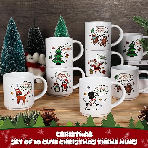 Miniatura 5 de Yungyan 10 tazas de cerámica de Navidad de 9 onzas, tazas de café de Navidad, escenas de nieve, renos, tazas reutilizables de vacaciones a granel