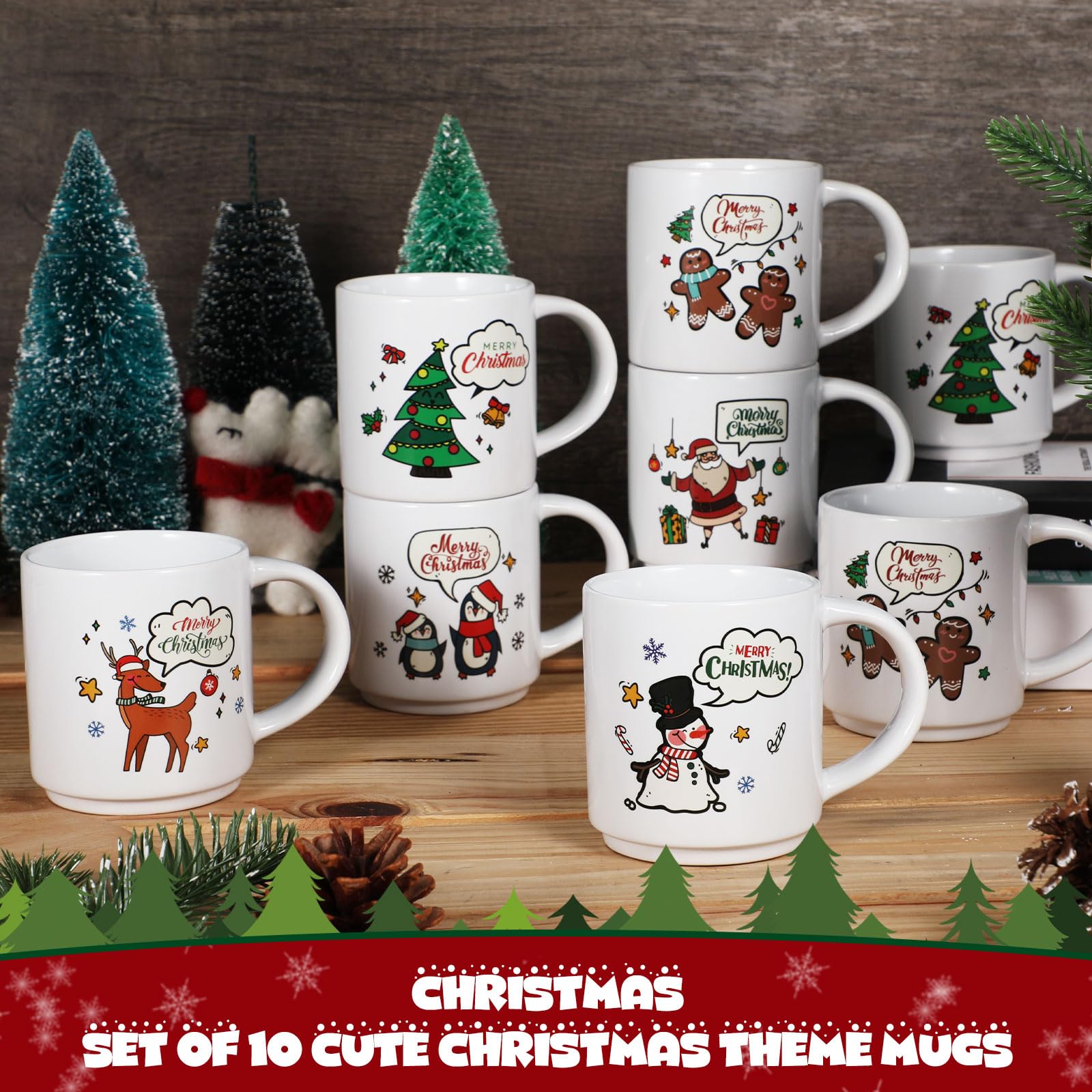 Yungyan 10 Stück Keramik-Weihnachtstassen, 266 ml, Weihnachts-Kaffeetassen, Schneeszene, Rentier, wiederverwendbare Feiertagstassen, Großpackung mit festlichen Designs, Tassen für Weihnachten, Tisch,