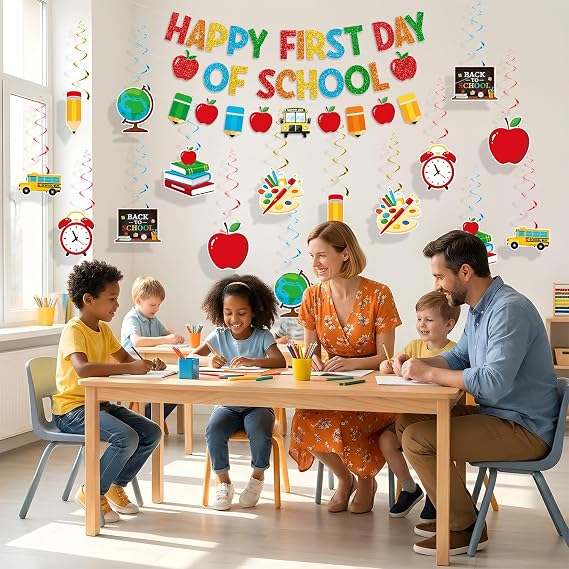 First Day of School Decorations, Banner with Swirls and Garland