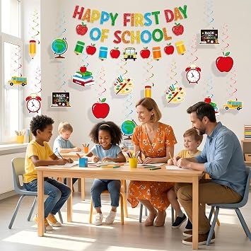 First Day of School Decorations, Banner with Swirls and Garland