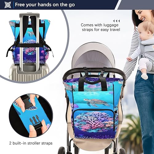 Miniatura 4 de Mochila para pañales, estampado floral azul marino, capacidad de 15 litros con múltiples bolsillos de almacenamiento, correas de cochecito, soportes