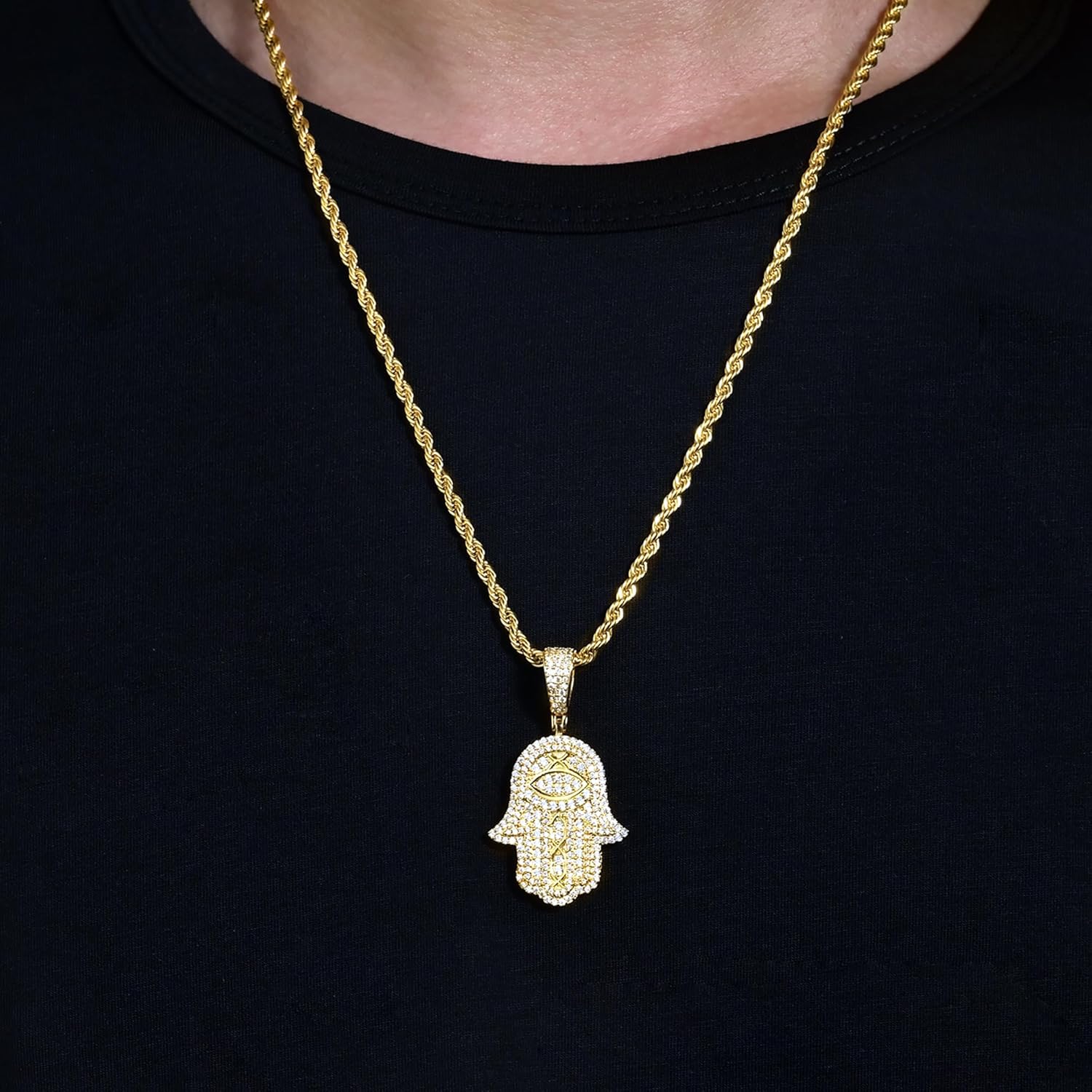 18K or White Real Gold Plated Evil Eye Hamsa Hand Pendant Necklace Iced Out Good Luck Protection Fatima Pendants Chain for Men Women(Custom Box and Pouch Packing) - Image 3