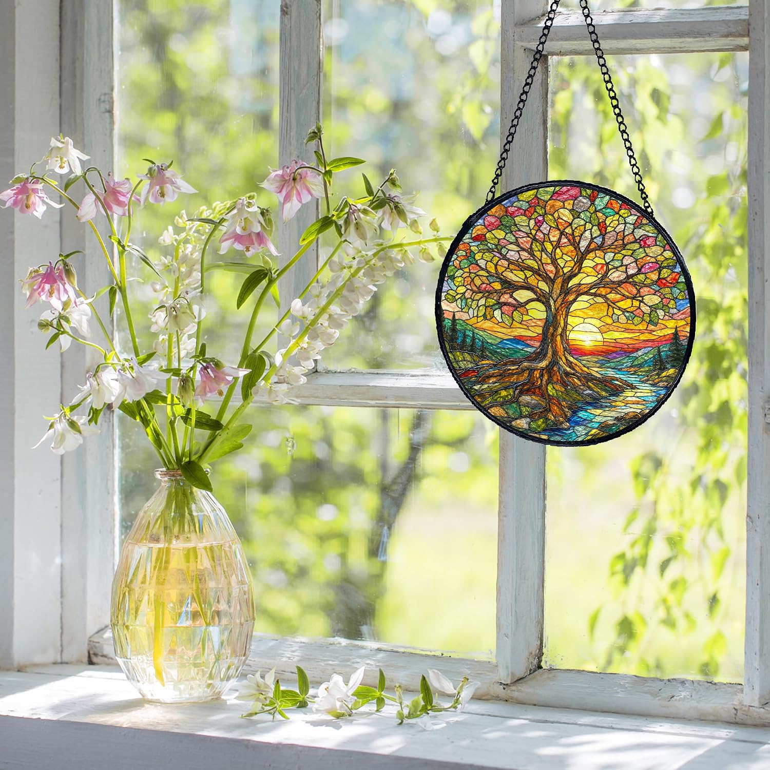 Tree1 of Life Sunset Stained Glass Suncatchers Wall Decor 7.8x7.8
