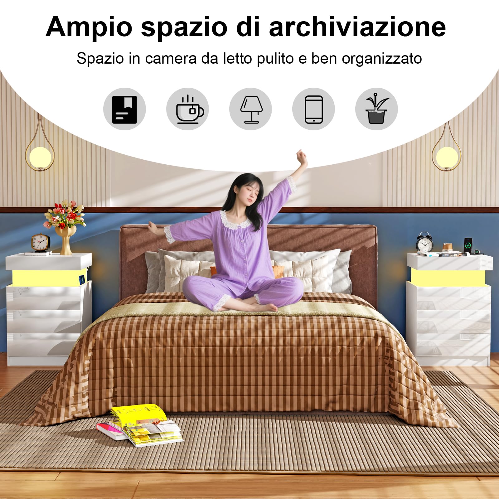 Comodino Camera da Letto con LED, Comodini con Stazione di Ricarica, 2 Prese AC 2 Porte USB, 3 Cassetti e Armadietti Scorrevoli Nascosti, Per Arredamento Camera da Letto. (Bianco, 67x40x45 cm)