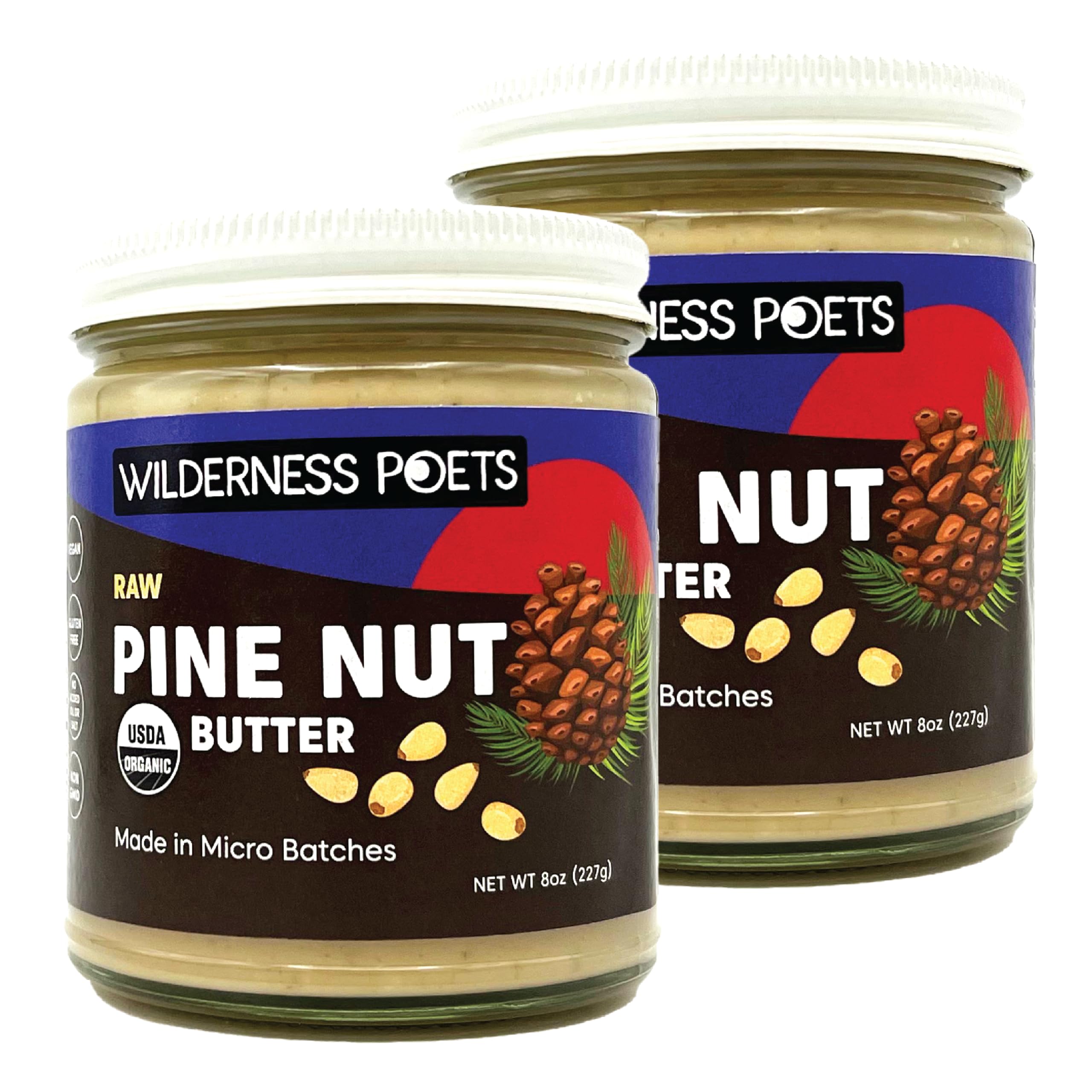 Wilderness Poets, Pine Nut Butter - Organic, Raw, 100% Pine Nuts (8 Ounce - 2 Pack) - No Salt, No Sugar, Creamy & Buttery - Glass Jars
