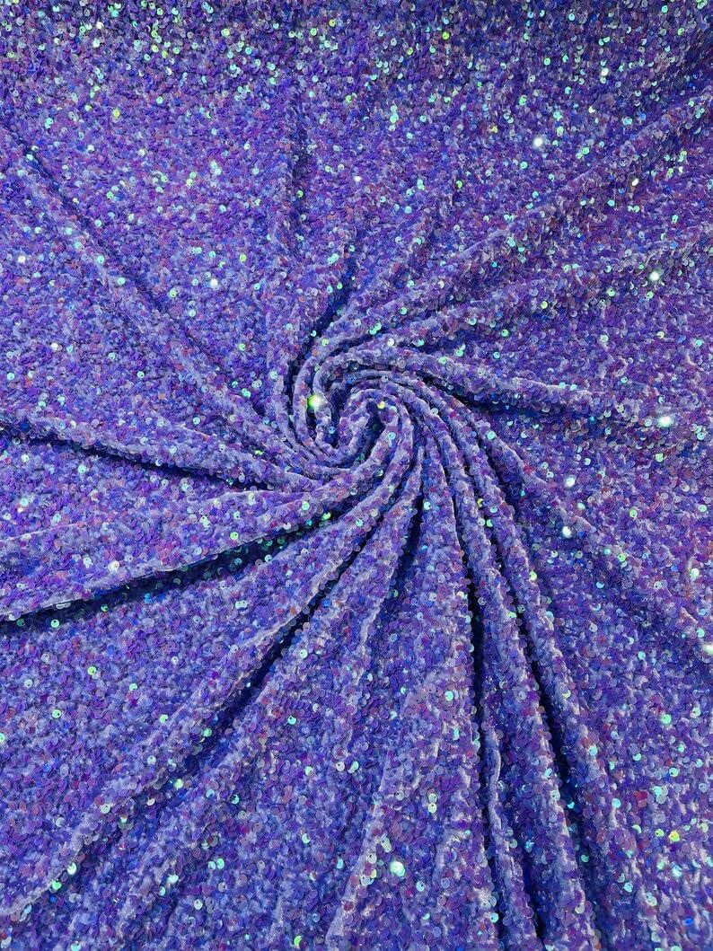 New Creations Fabric & Foam Inc, 54" Stretch Velvet with Luxury Sequins All Over 5mm Shining Sequins 2-Way Stretch (Lavender Iridescent, 1 Yard)