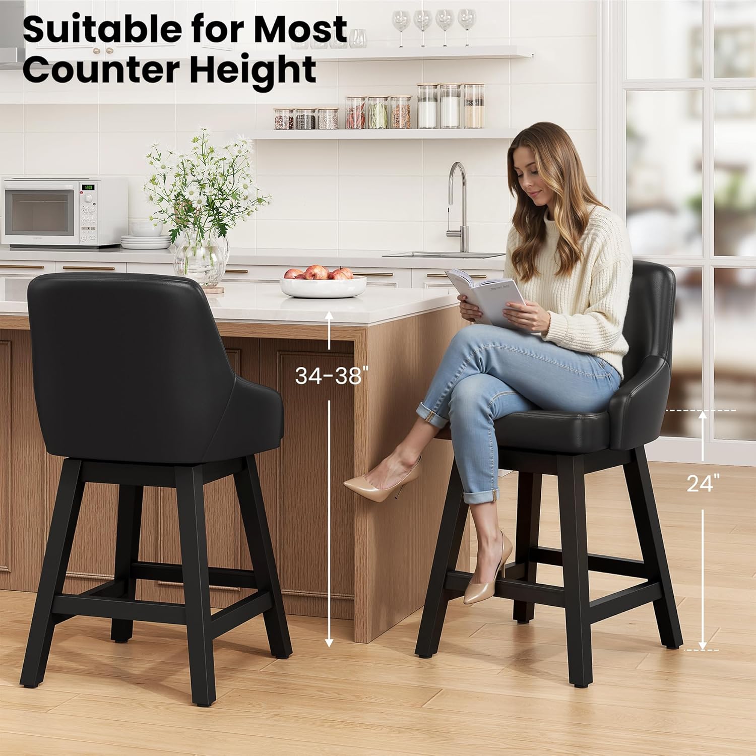 REONEY Swivel Bar Stool Set of 3, 24" Upholstered Counter Height Barstools with Back & Solid Wood Legs, Modern Faux Leather Kitchens Island Chair for Dining Room Pub, Black