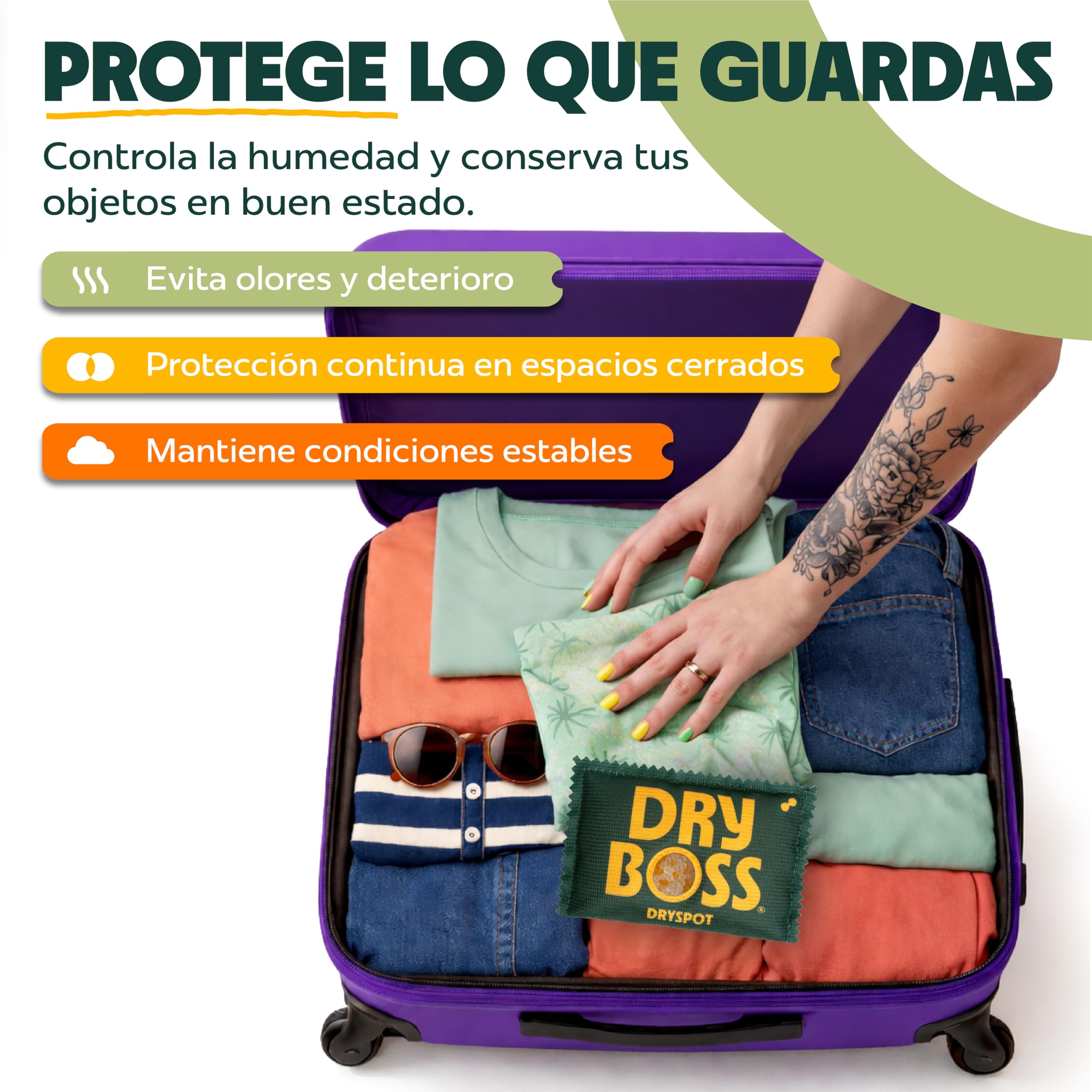 Pack 5 x 100g Antihumedad DRYSPOT Reutilizable, Recargable, Portátil | Silica Gel Absorbe Humedad y Olores | Armarios, Cajones, Coches, Filamentos 3D, Ropa y Espacios Pequeños | Desecante