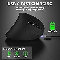 Vista 4 de Uineer Ratón ergonómico, mouse vertical inalámbrico recargable con Bluetooth, LED de 7 colores, 4 DPI ajustables, USB-A, alivio de tensión