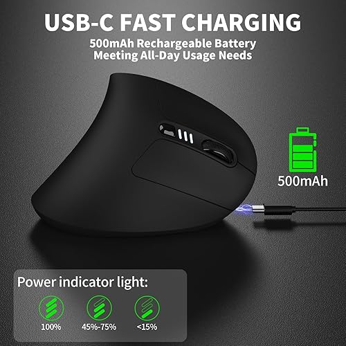 Miniatura 4 de Uineer Ratón ergonómico, mouse vertical inalámbrico recargable con Bluetooth, LED de 7 colores, 4 DPI ajustables, USB-A, alivio de tensión