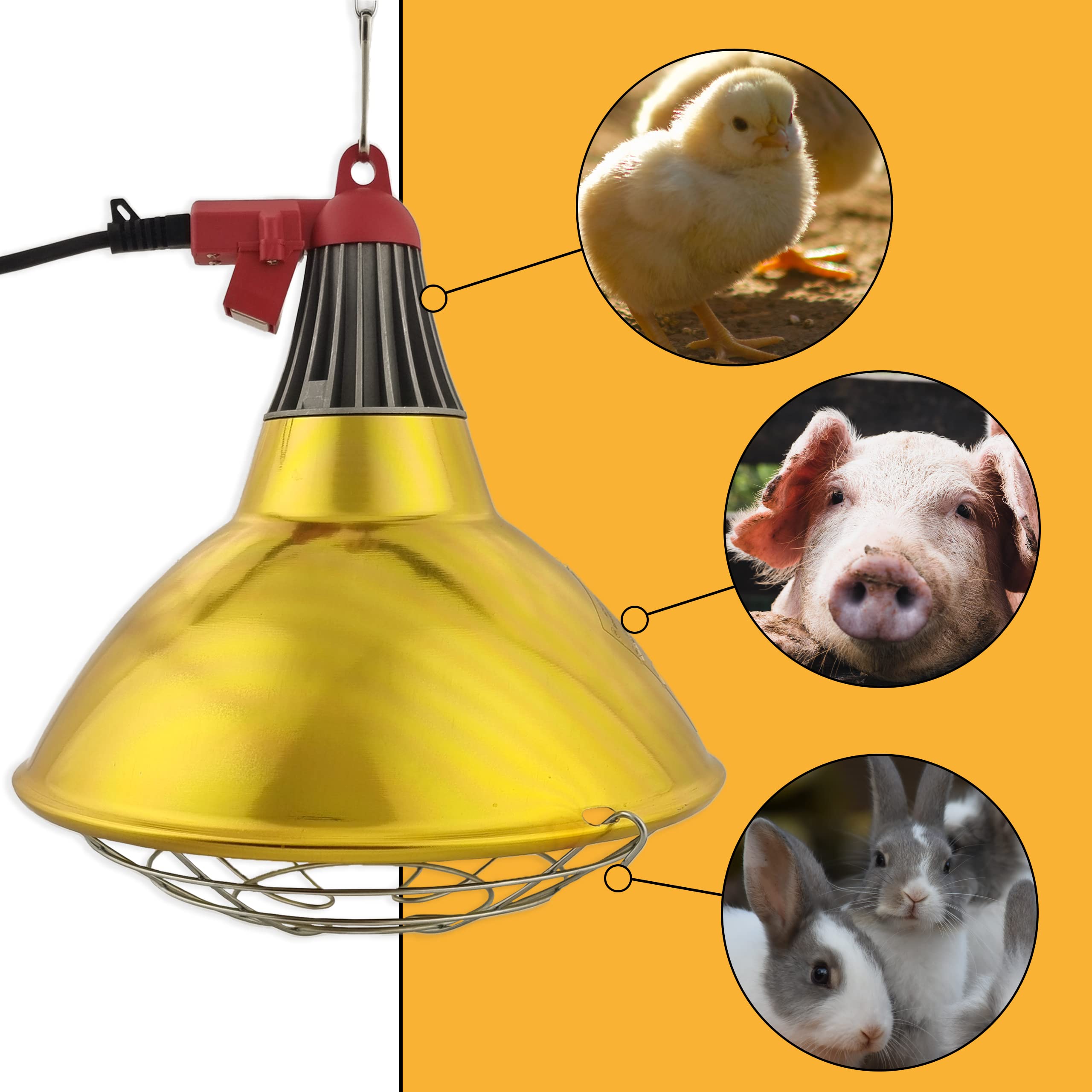 XXL Wärmestrahler 30 ⌀ Durchmesser mit Dimmer | 5 meter Kabel mit Infrarotlampe | Set 150 W Rotlichtlampe Wärmelampe E27 | Ferkellampe, Kückenlampe, Wärmelampe Tiere Hühner Infrarot Heizstrahler