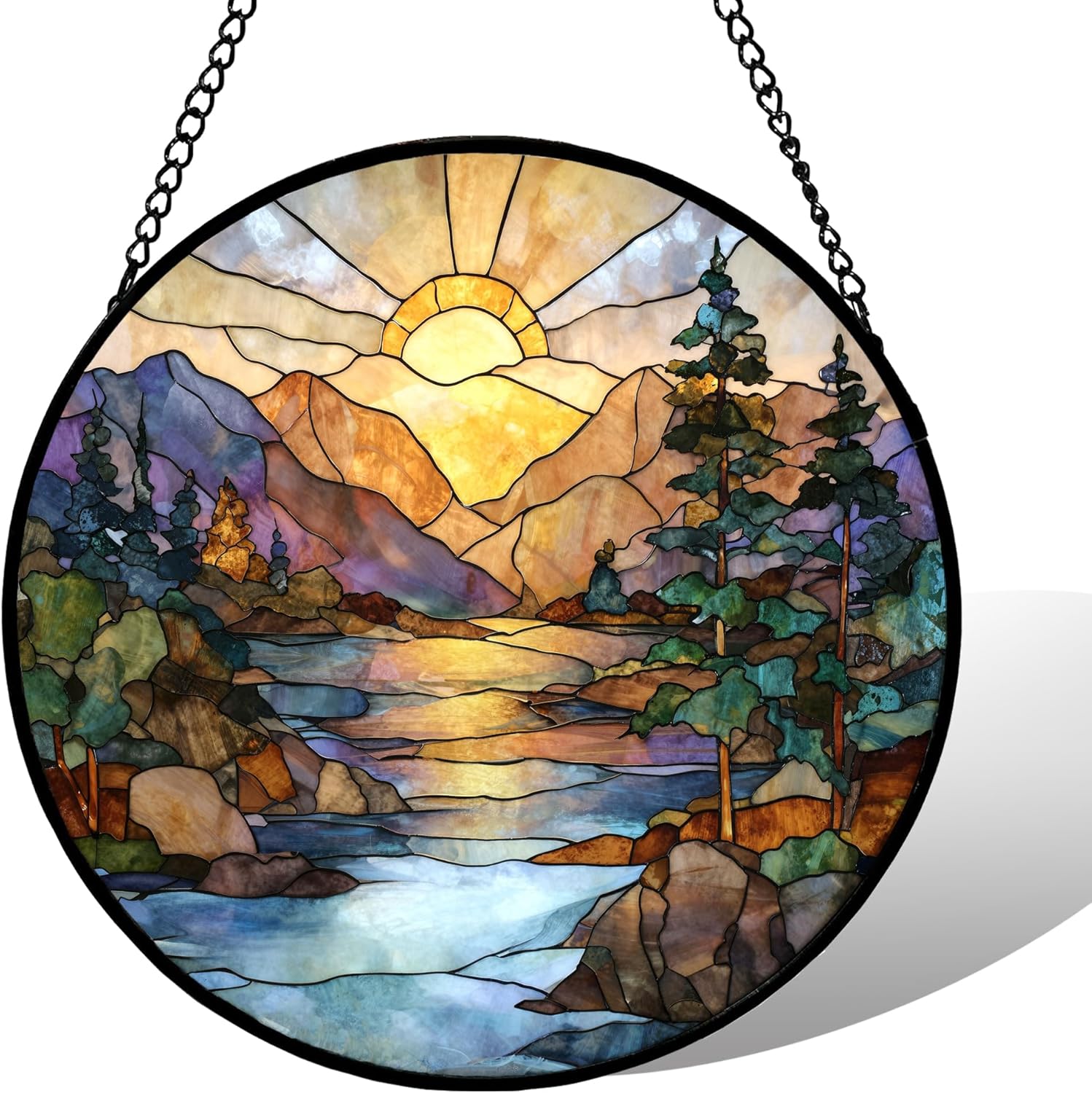 Mountain Sunset Stained Glass Window Hanging, Mountain Landscape Sunrise Suncatcher, Nature River at Sunset Sun Catchers Indoor Window Glass Wall Art Hanging Decorations Gift for Holiday 7.88''