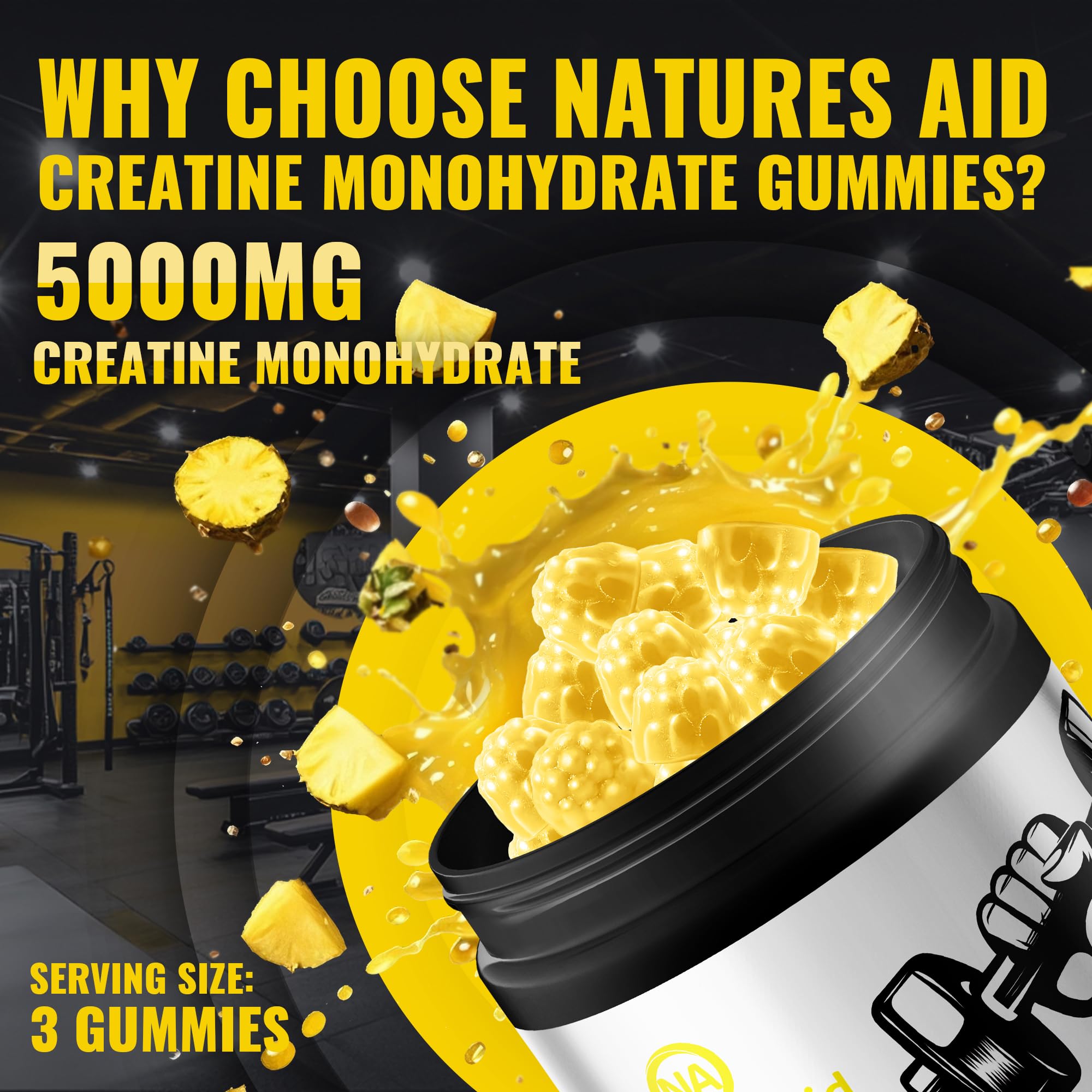 Natures Aid NSF Certified Creatine Gummy 5g - Creatine Monohydrate Gummies – Pre-Workout Energy & Muscle Growth Support for Men & Women | Pineapple Electrolyte Gummies (135 Count) — Amazon image 5